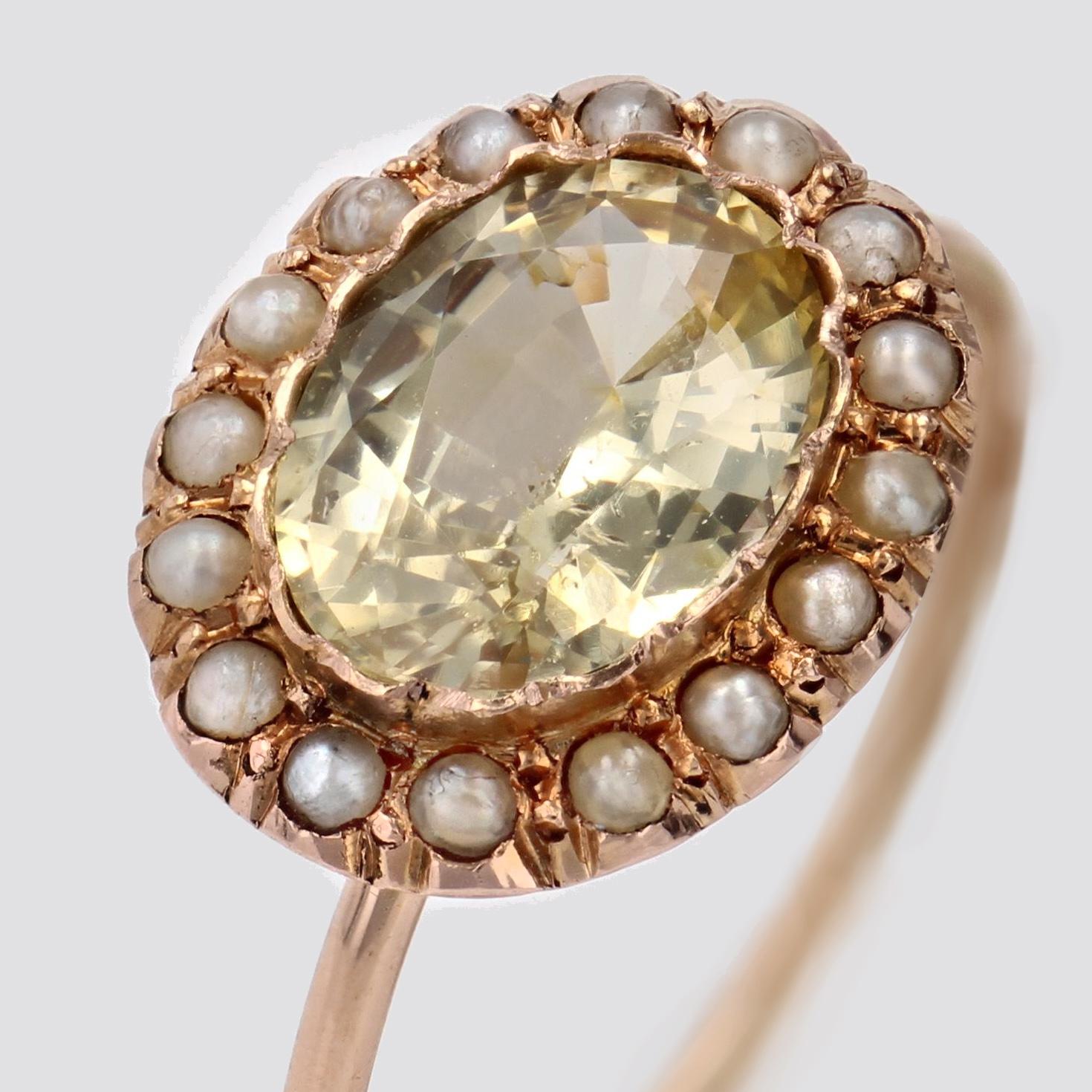 19th Century Natural Yellow Sapphire Fine Pearls 18 Karat Rose Gold Ring For Sale 3