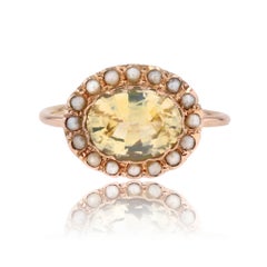 19th Century Natural Yellow Sapphire Fine Pearls 18 Karat Rose Gold Ring