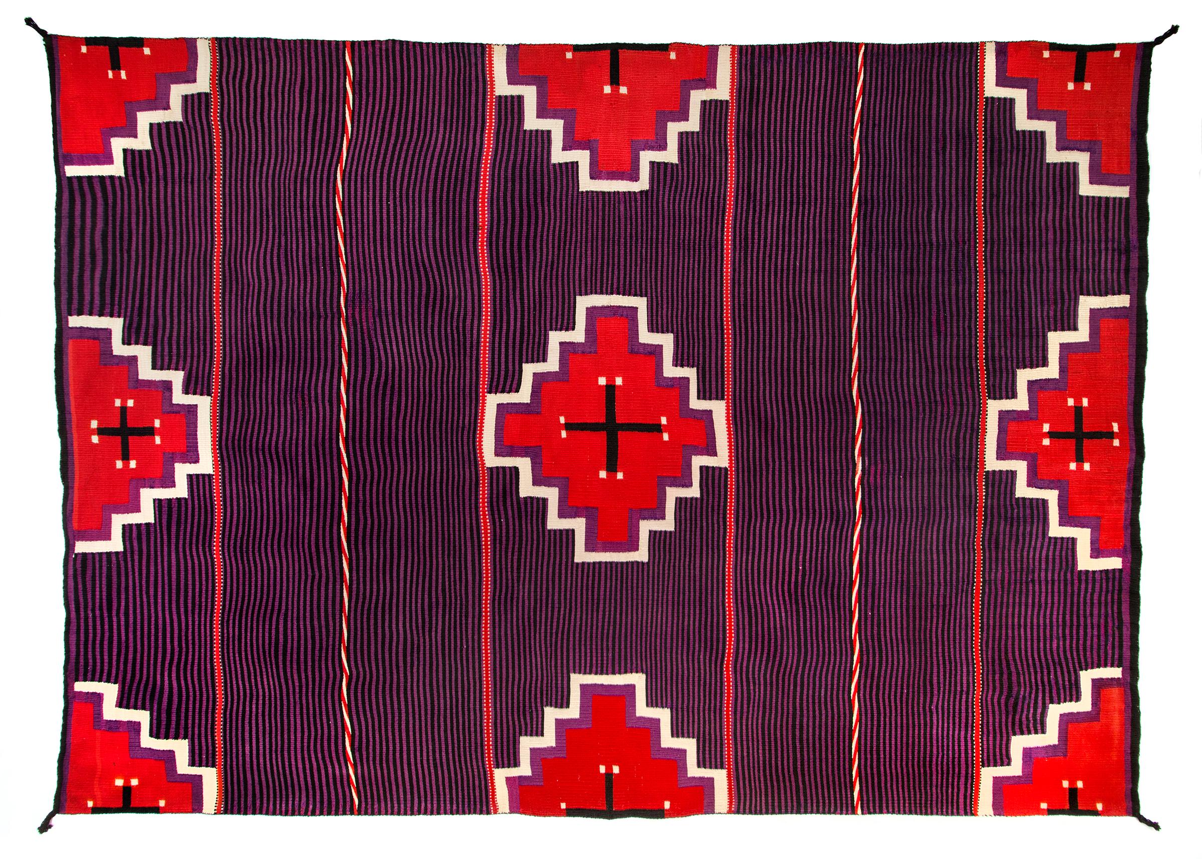 Wool 19th Century Navajo Blanket with a Nine Point Diamond and Cross with Red For Sale