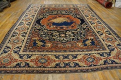 1880s Blue Hunting Antique Persian Khorassan Moud Carpet 9' x 11' 8" Wool Rug