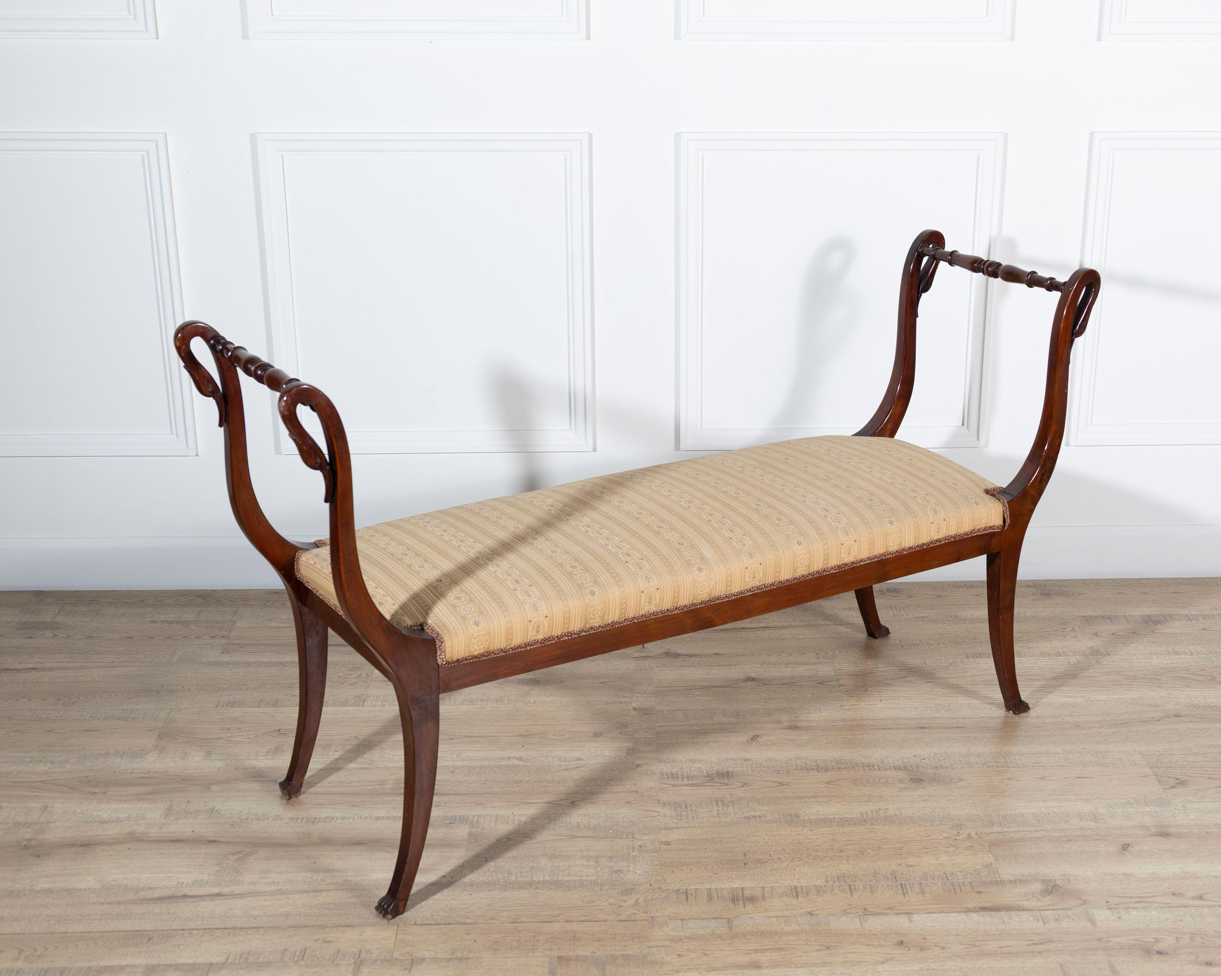 Italian 19th Century Neapolitan Empire Bench in Solid Mahogany with Swan Motifs For Sale