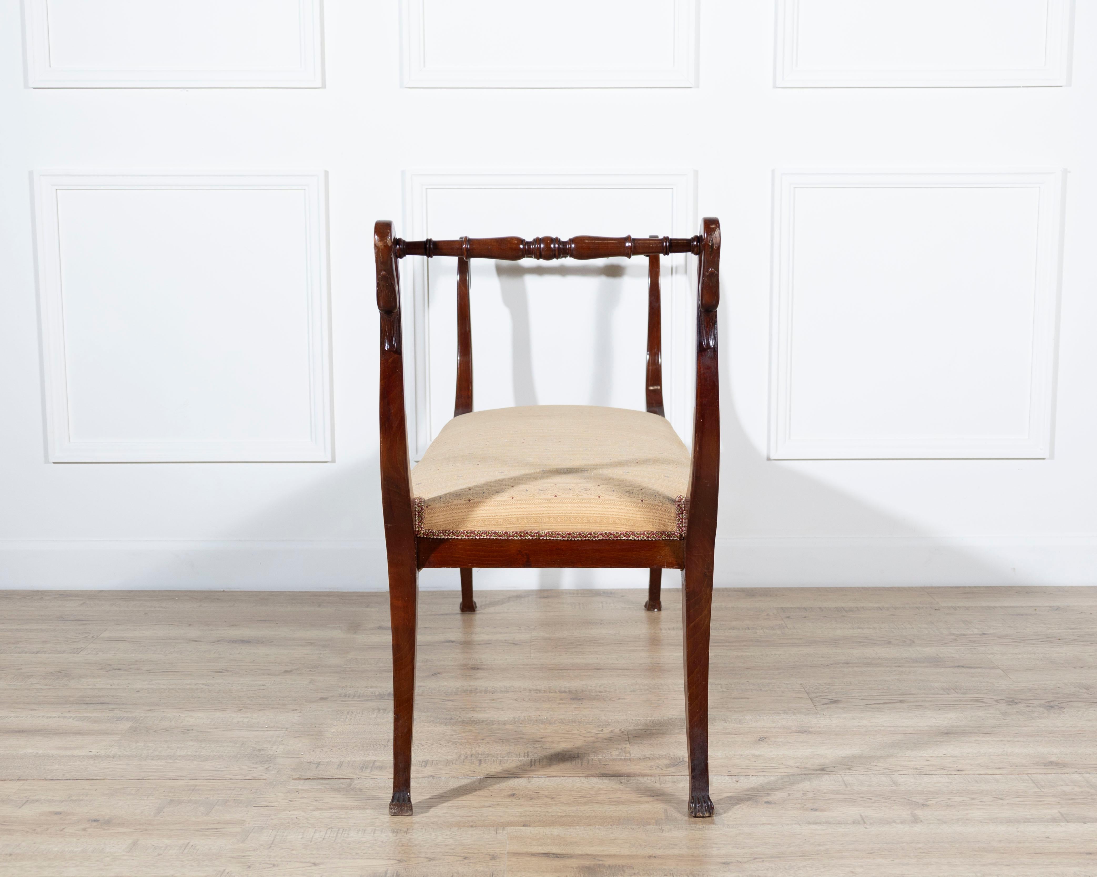 19th Century Neapolitan Empire Bench in Solid Mahogany with Swan Motifs For Sale 1