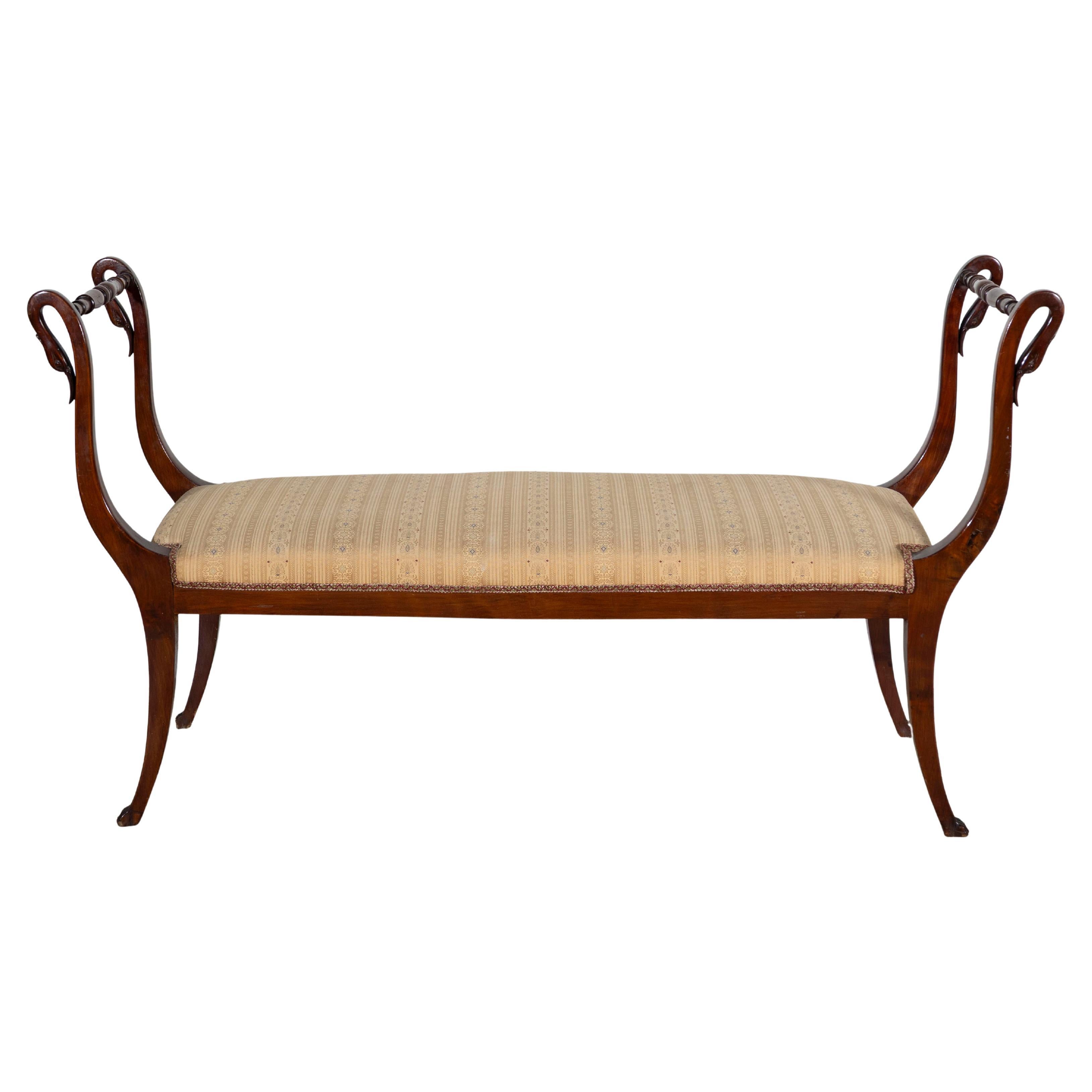 19th Century Neapolitan Empire Bench in Solid Mahogany with Swan Motifs For Sale