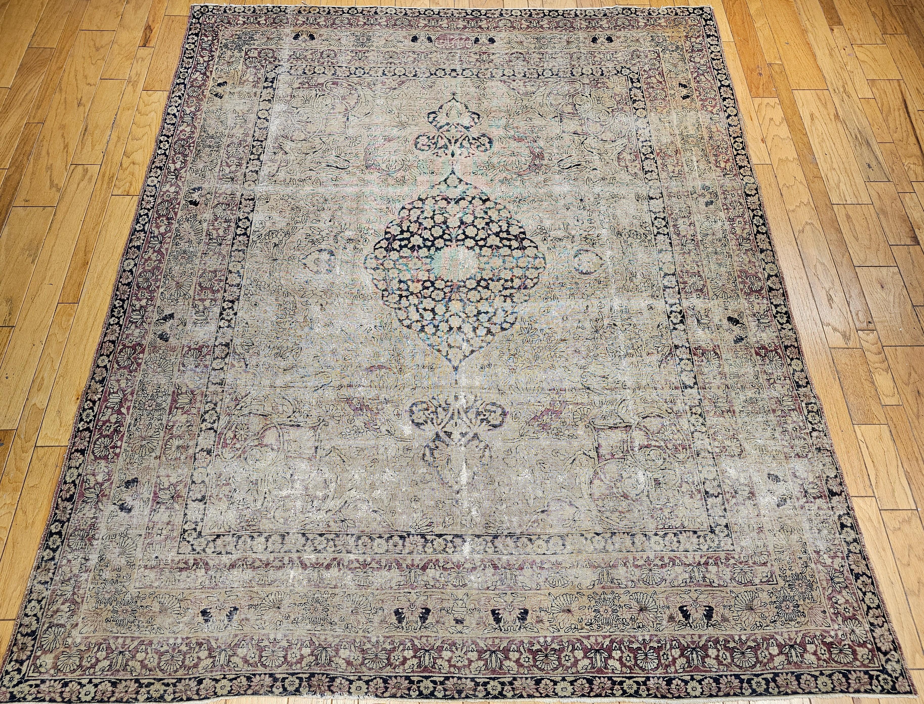 19th Century Near Square Persian Kermanshah in Floral Pattern in Ivory, Black For Sale 6