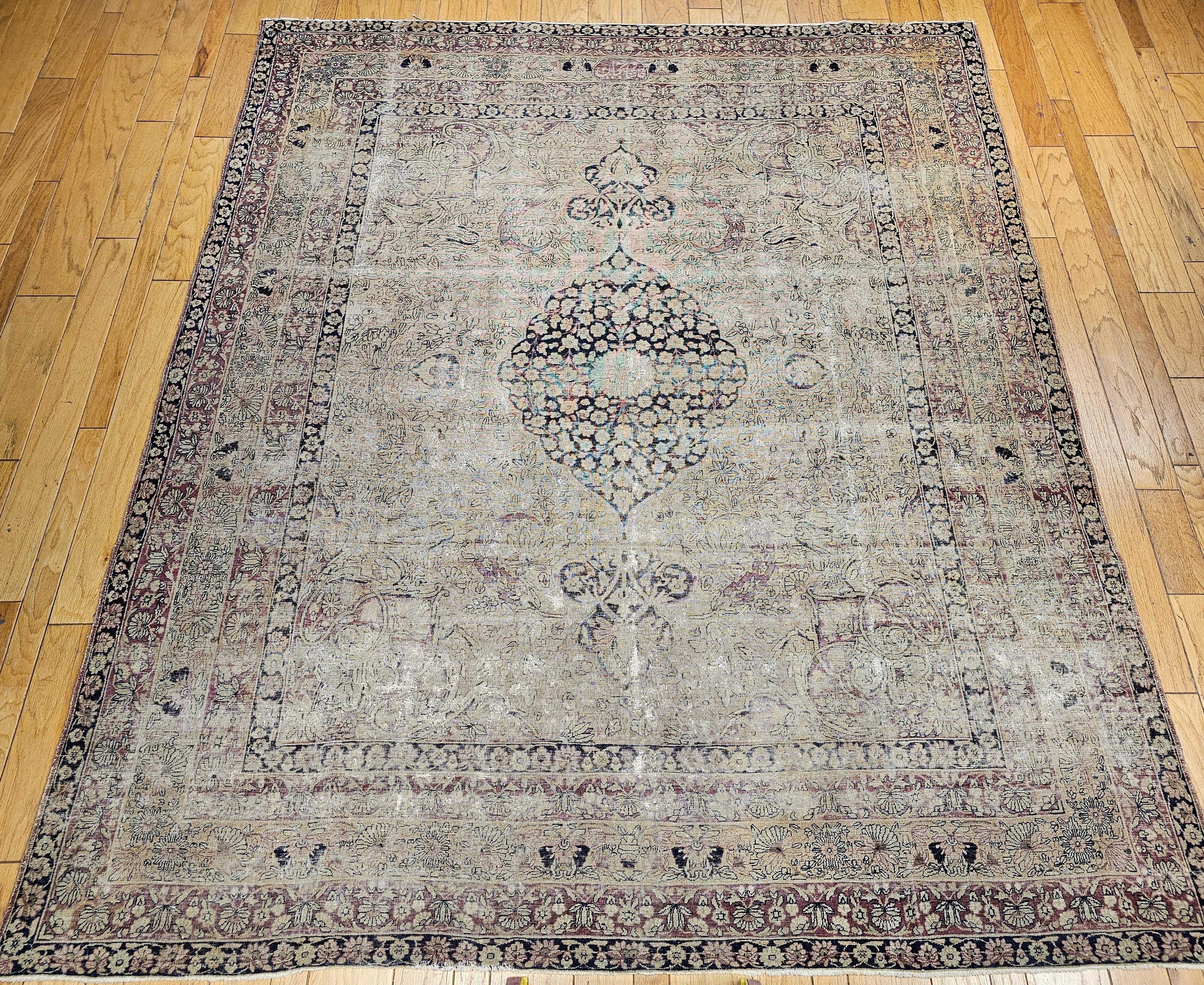 19th Century Near Square Persian Kermanshah in Floral Pattern in Ivory, Black For Sale 7