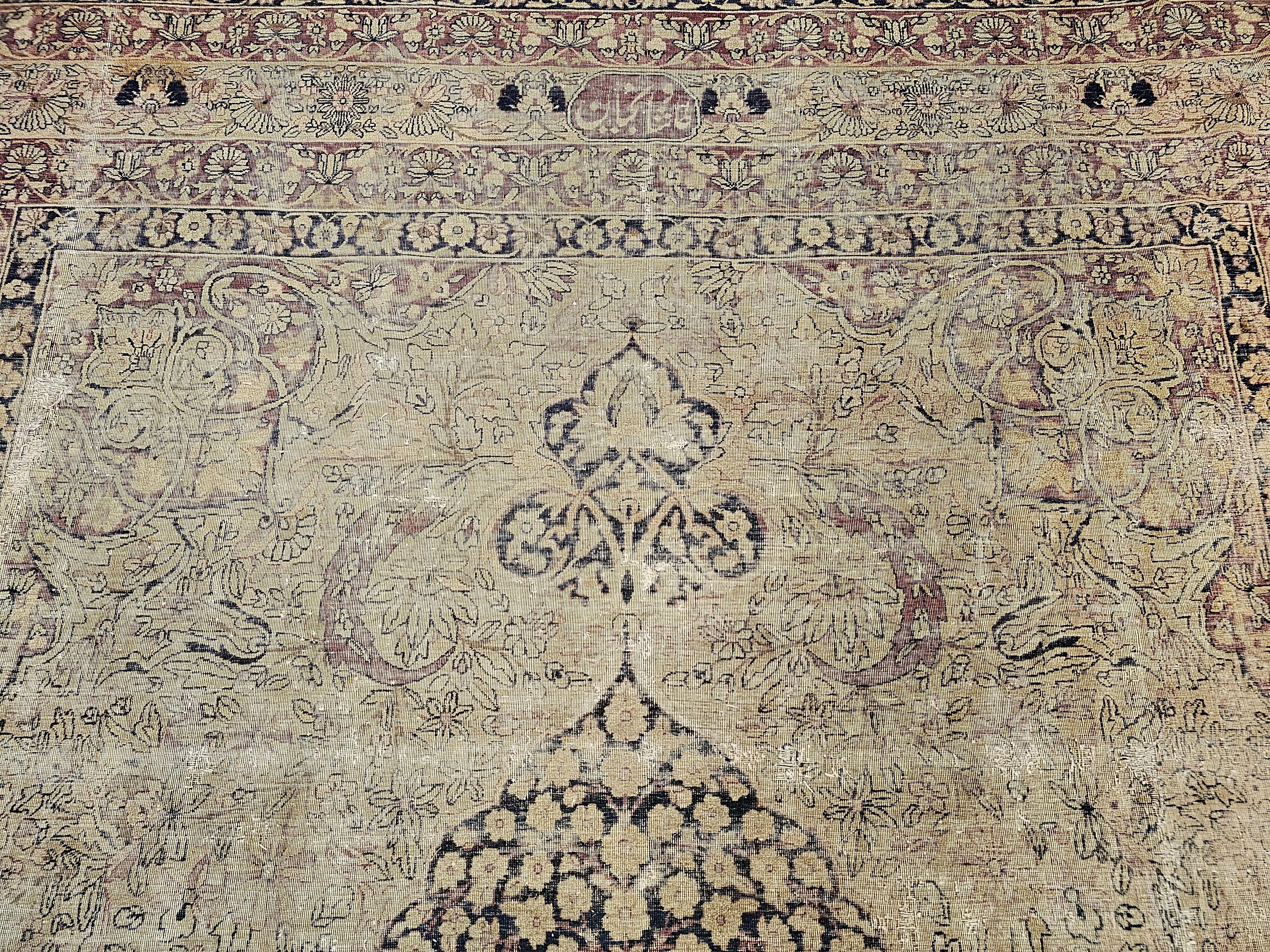 Hand-Knotted 19th Century Near Square Persian Kermanshah in Floral Pattern in Ivory, Black For Sale