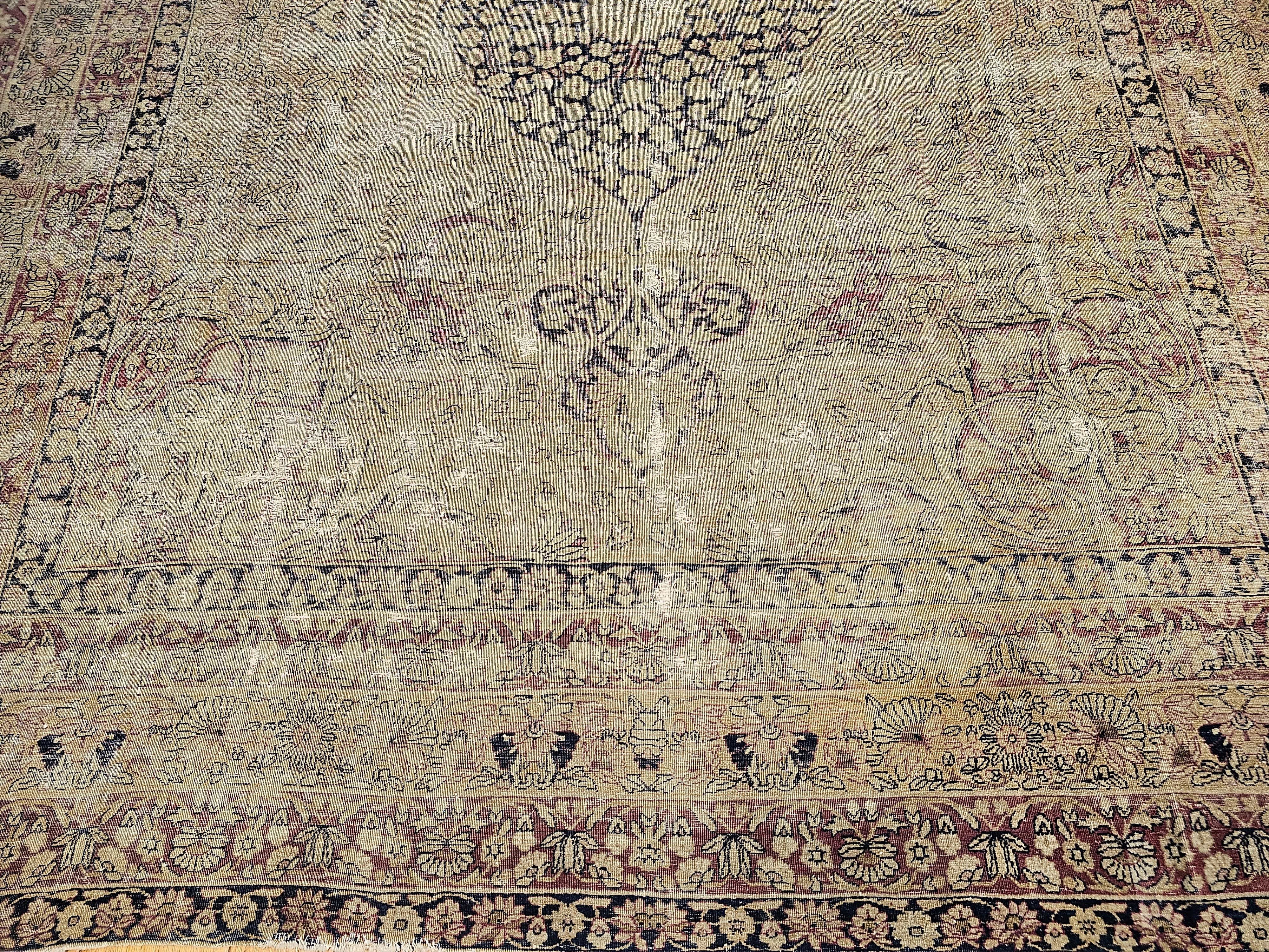 Wool 19th Century Near Square Persian Kermanshah in Floral Pattern in Ivory, Black For Sale