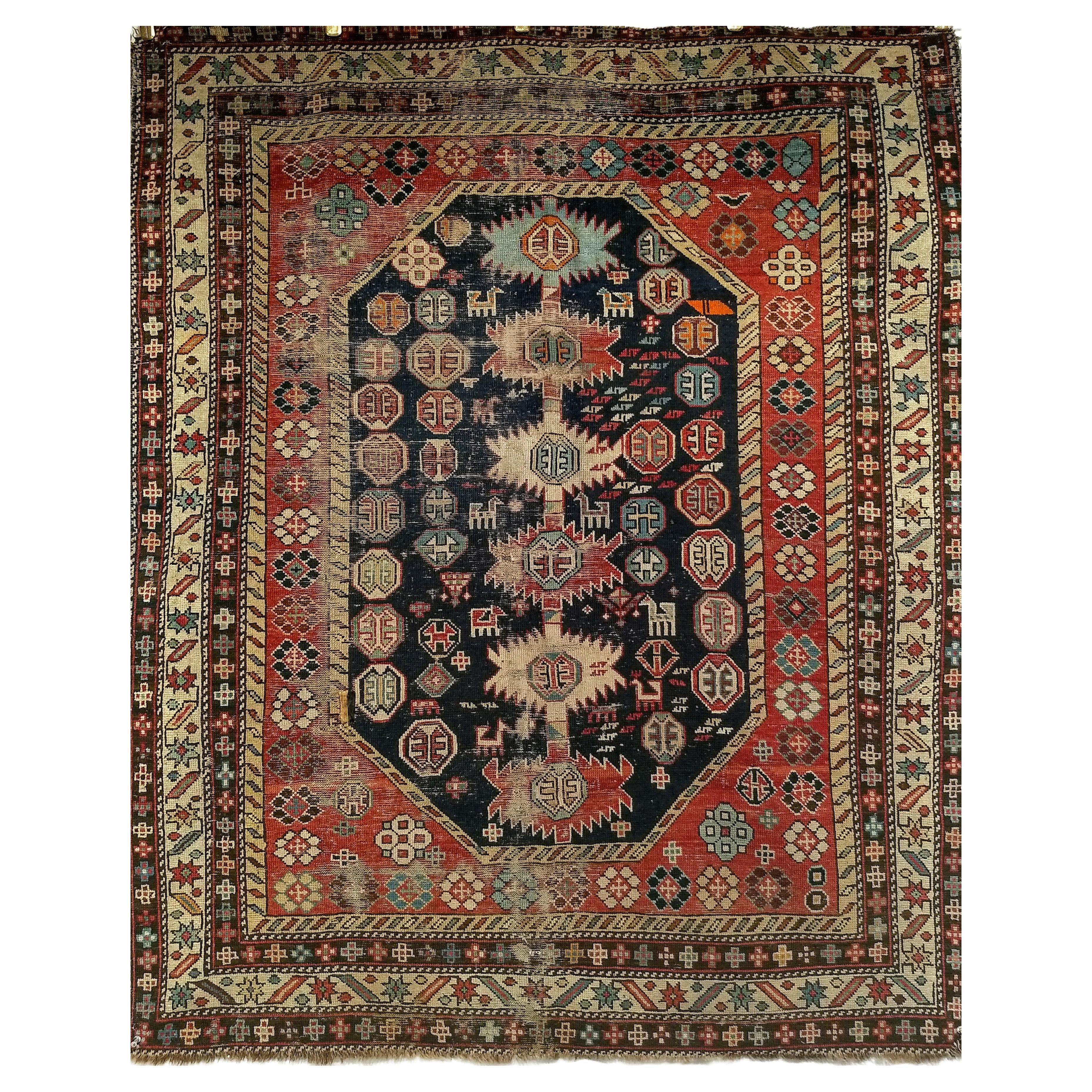 Tapis du Kazak caucasien de taille carrée du 19ème siècle en vente