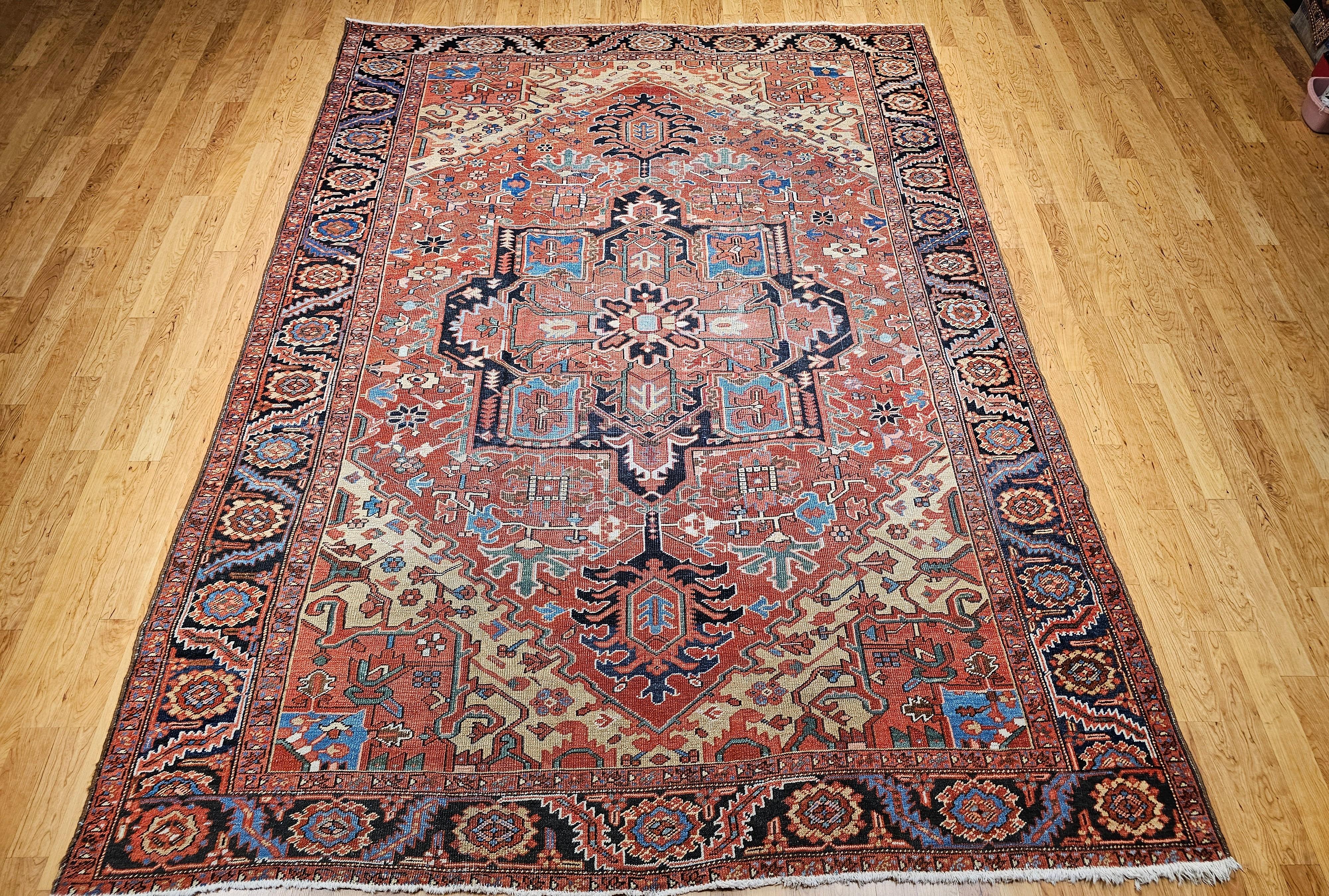 19th Century Near Square Size Persian Serapi in Terracotta, Green, Baby Blue 14