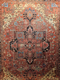 19th Century Near Square Size Persian Serapi in Terracotta, Green, Baby Blue