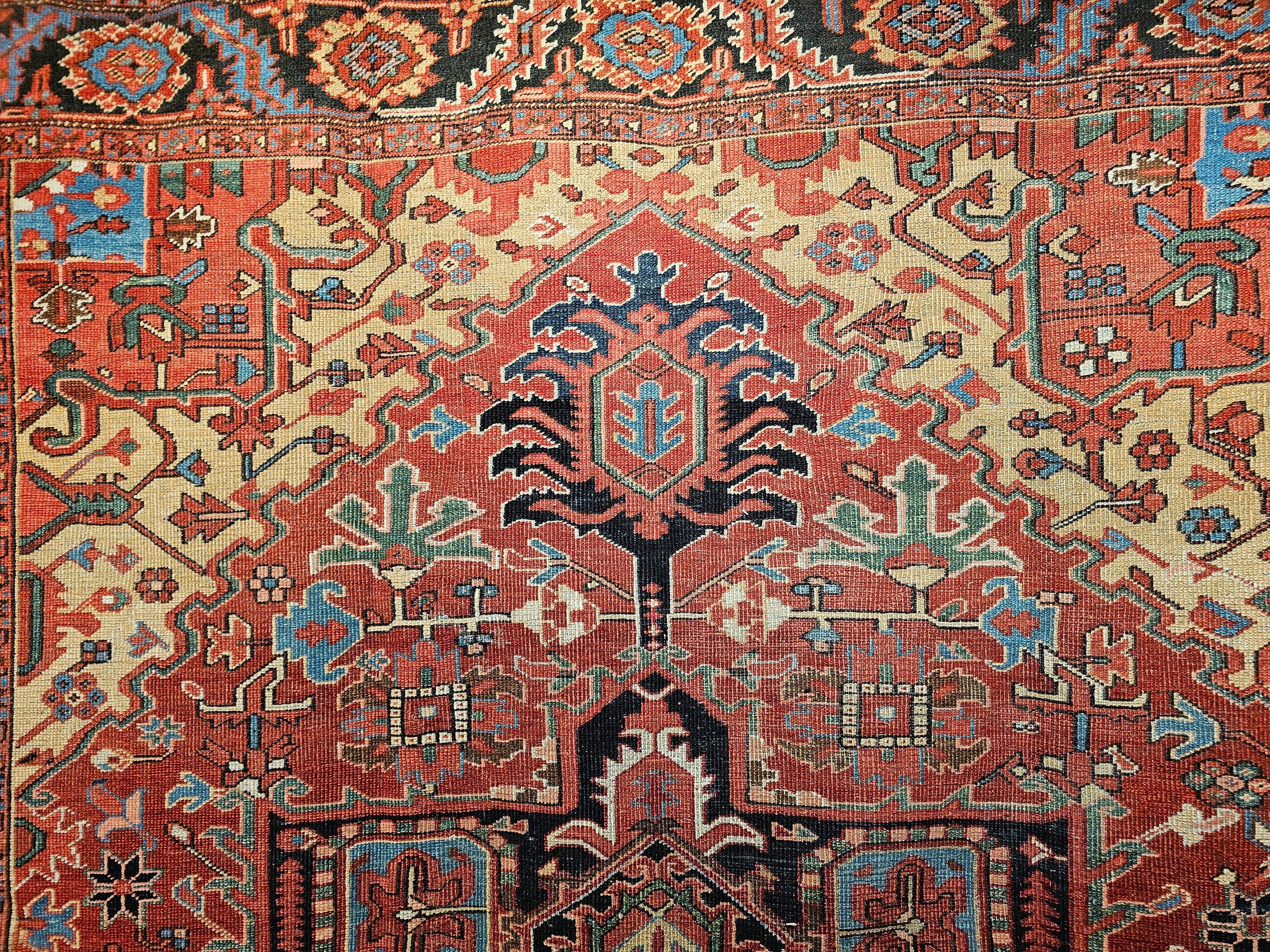 Hand-Knotted 19th Century Near Square Size Persian Serapi in Terracotta, Green, Baby Blue For Sale