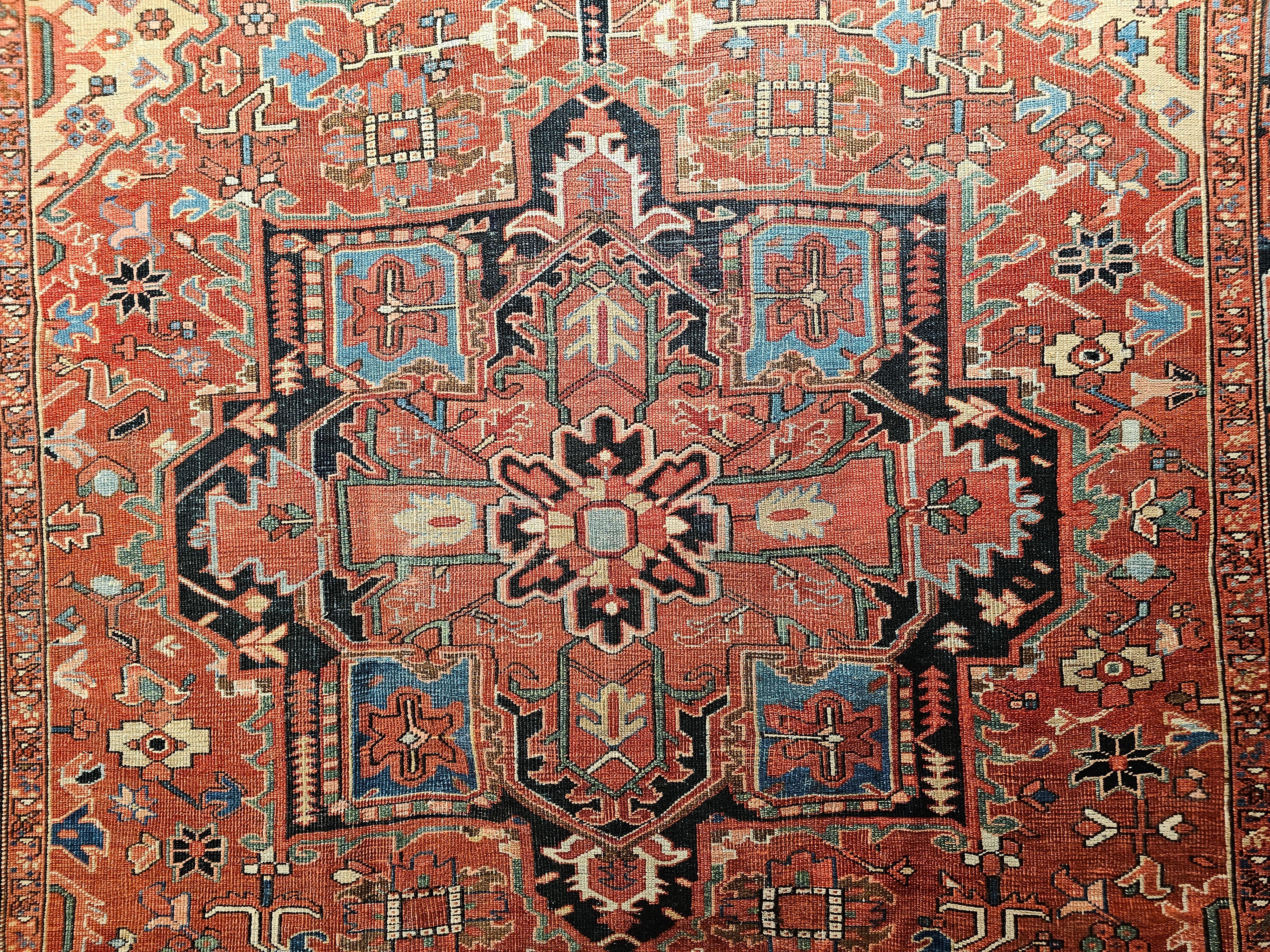 19th Century Near Square Size Persian Serapi in Terracotta, Green, Baby Blue In Good Condition In Barrington, IL