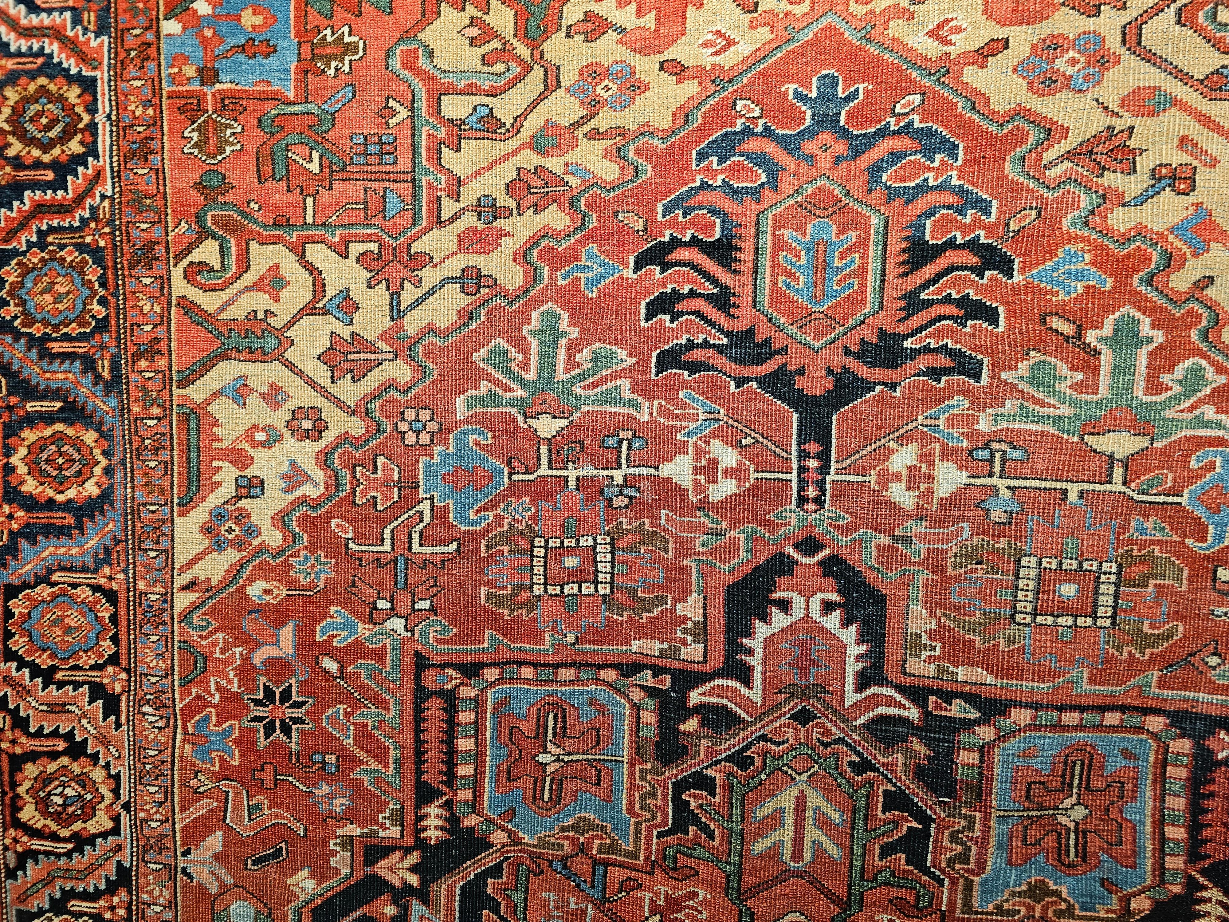 Wool 19th Century Near Square Size Persian Serapi in Terracotta, Green, Baby Blue For Sale