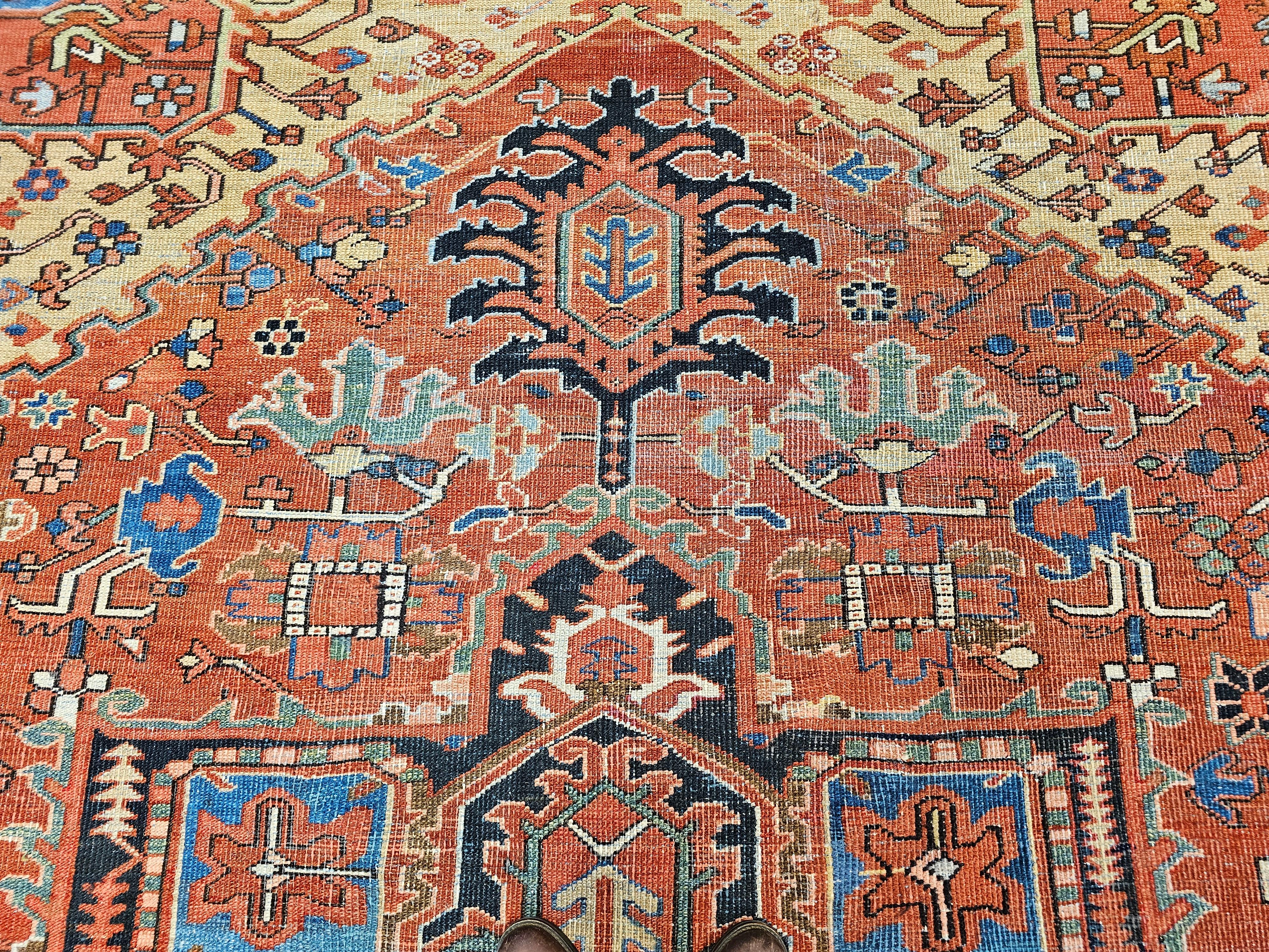 19th Century Near Square Size Persian Serapi in Terracotta, Green, Baby Blue 4