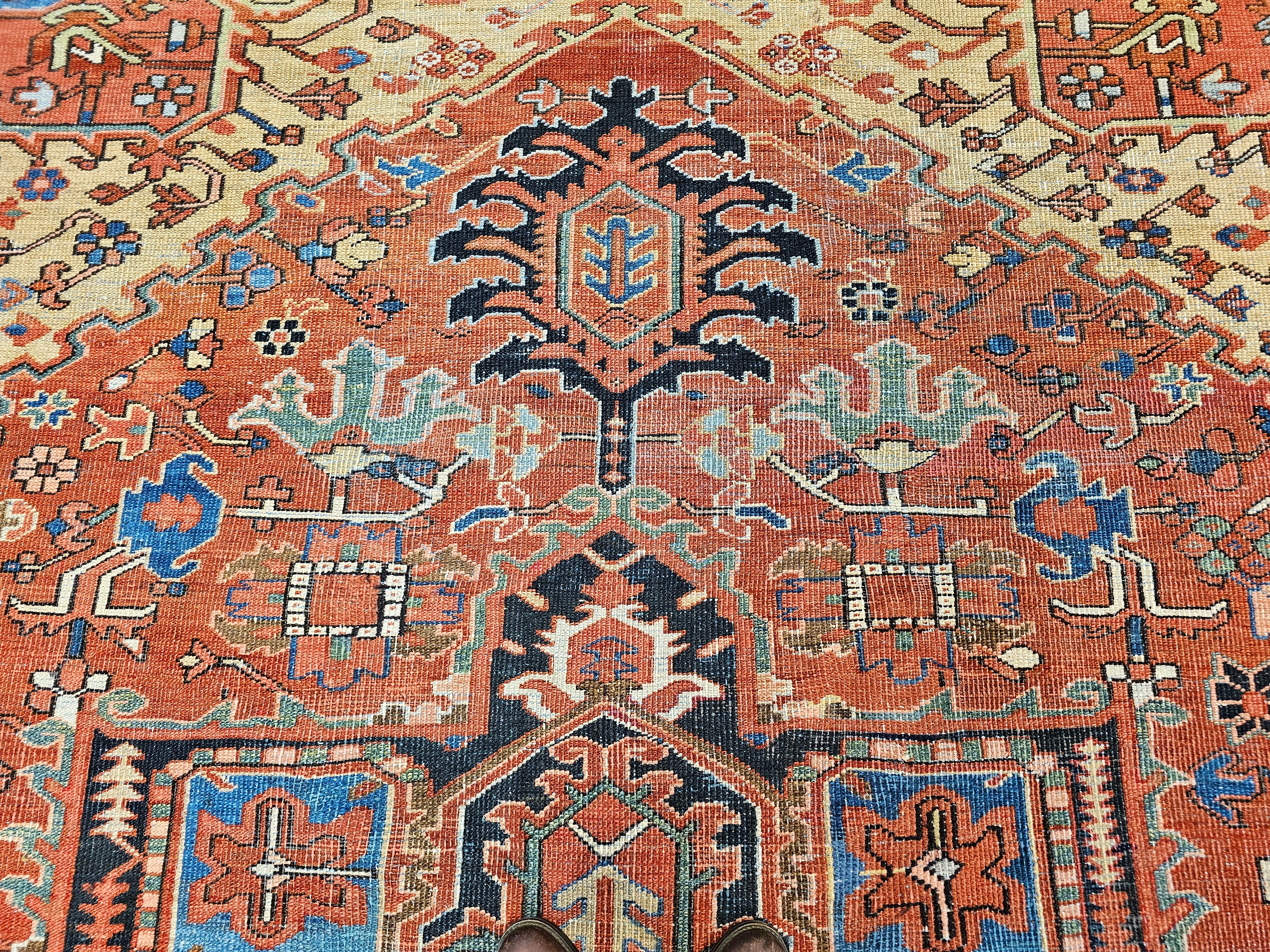 19th Century Near Square Size Persian Serapi in Terracotta, Green, Baby Blue For Sale 4