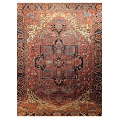 19th Century Near Square Size Persian Serapi in Terracotta, Green, Baby Blue