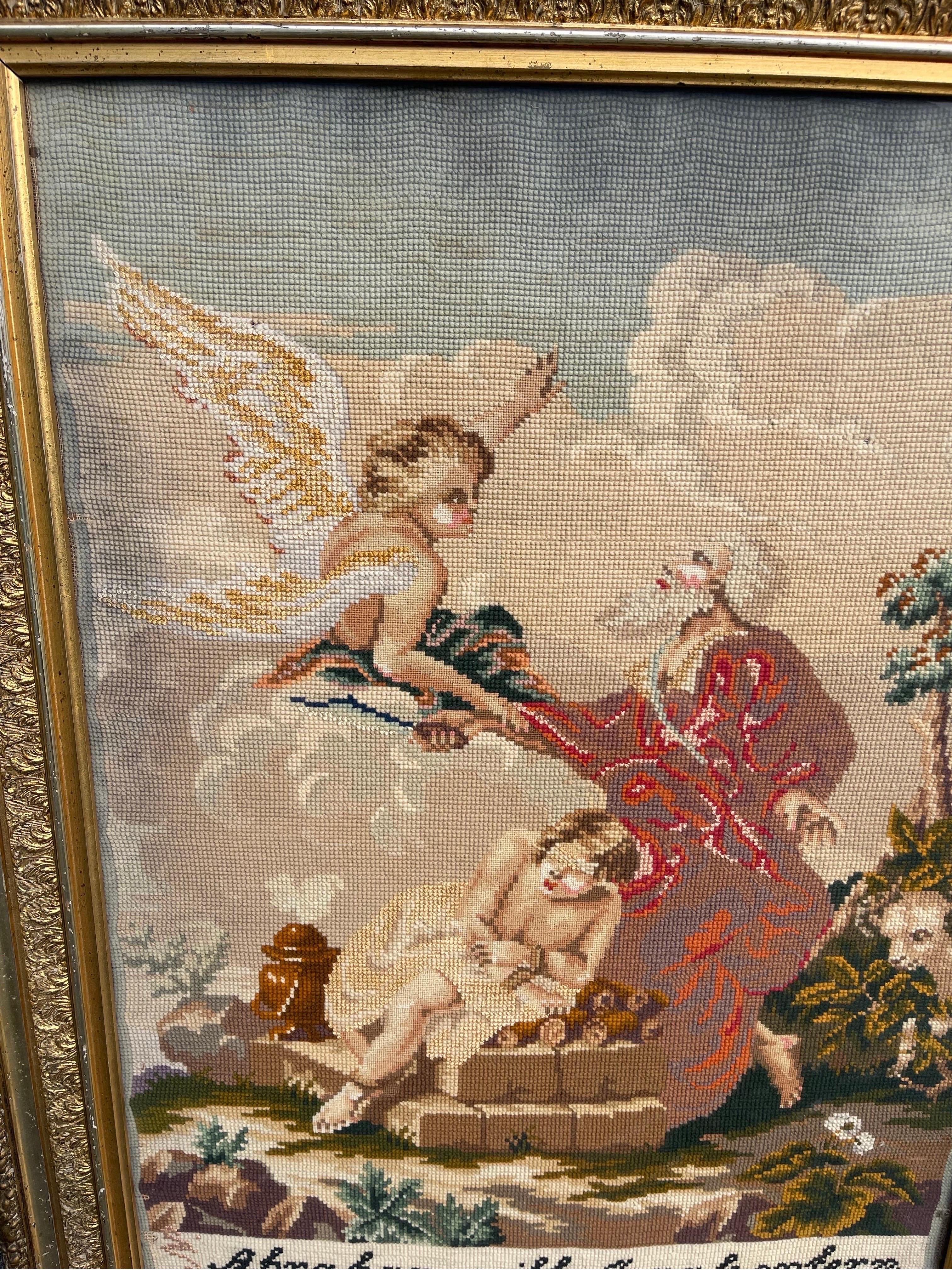 Fabulous antique needlepoint of the scene of the binding of Isaac, in which God commanded Abraham to bind and sacrifice his son, Isaac.