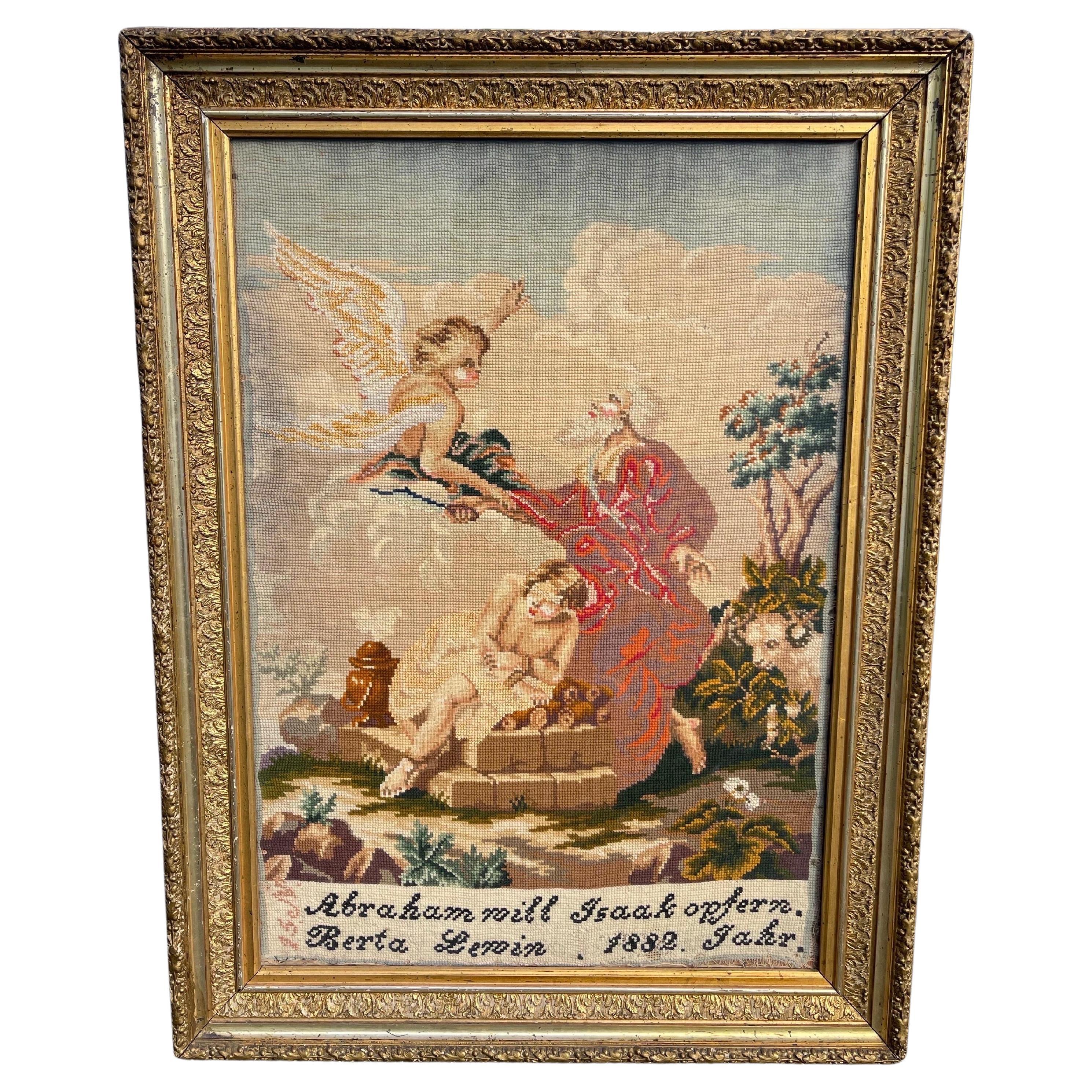 19th Century Needlepoint Depiction of “Binding of Isaac” by Abraham, 1882