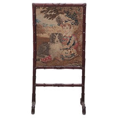 19th Century Needlepoint Firescreen on Wood Frame Depicting Boy and Dog