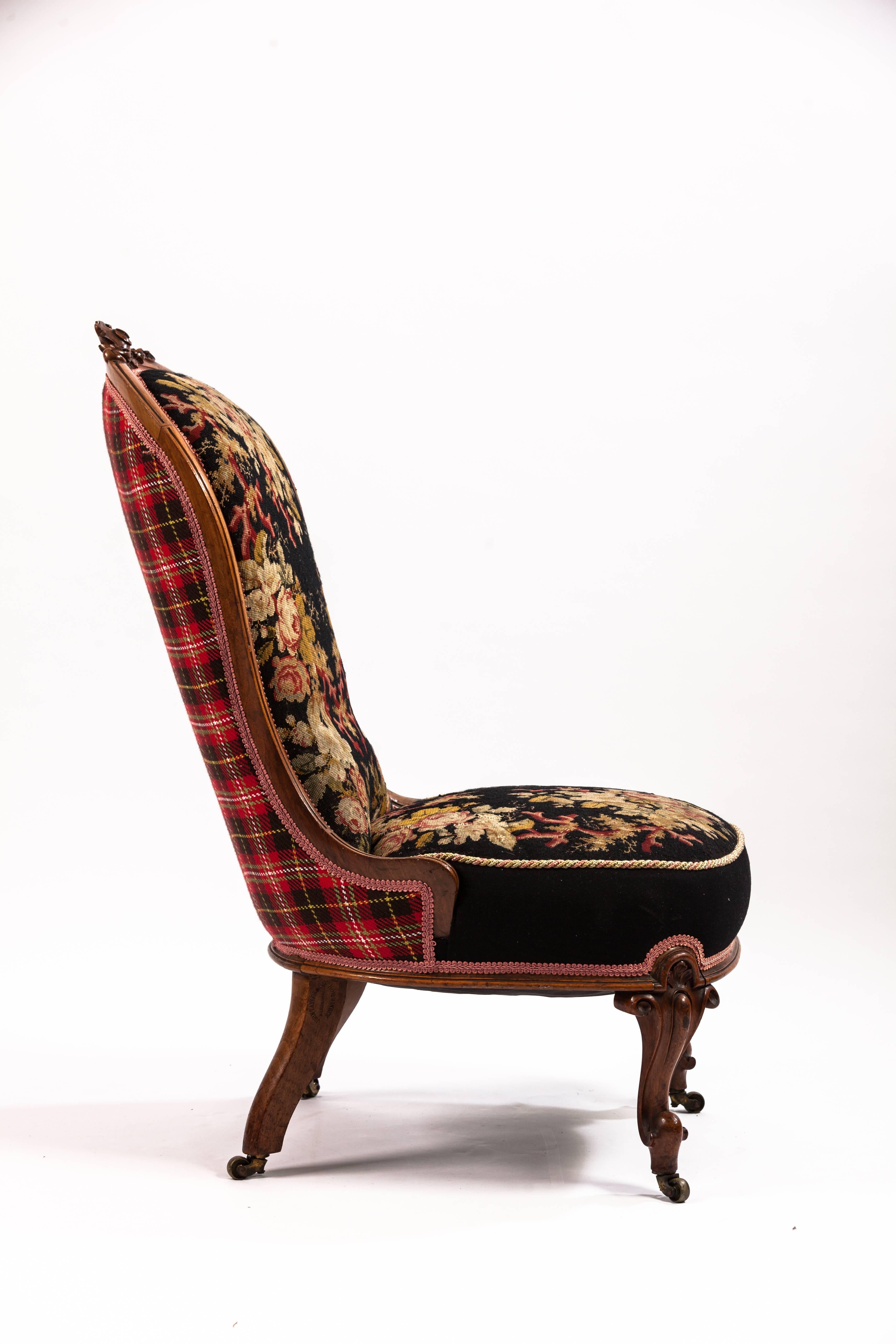 Embroidered 19th Century Needlepoint Upholstered English Slipper Chair For Sale
