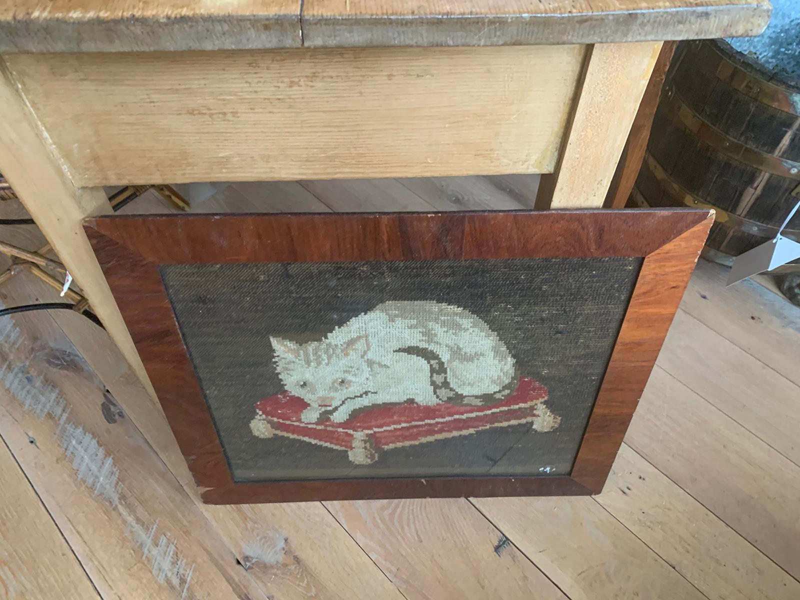 19th Century Needlework Cat in Burled Wood Frame For Sale 6
