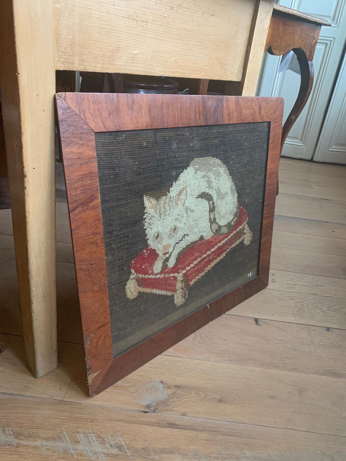 19th Century Needlework Cat in Burled Wood Frame For Sale 7