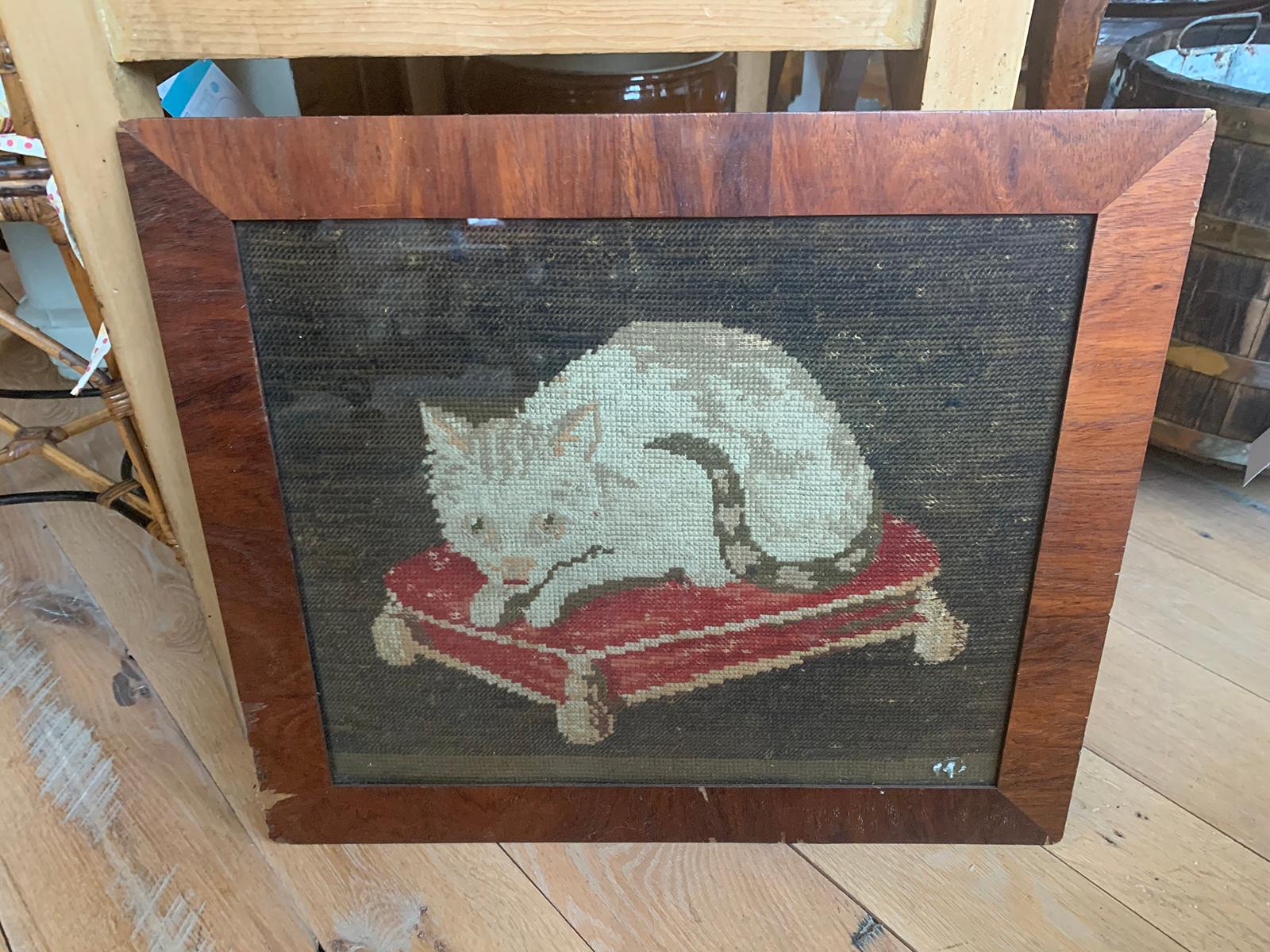 19th century needlework cat in burled wood frame.