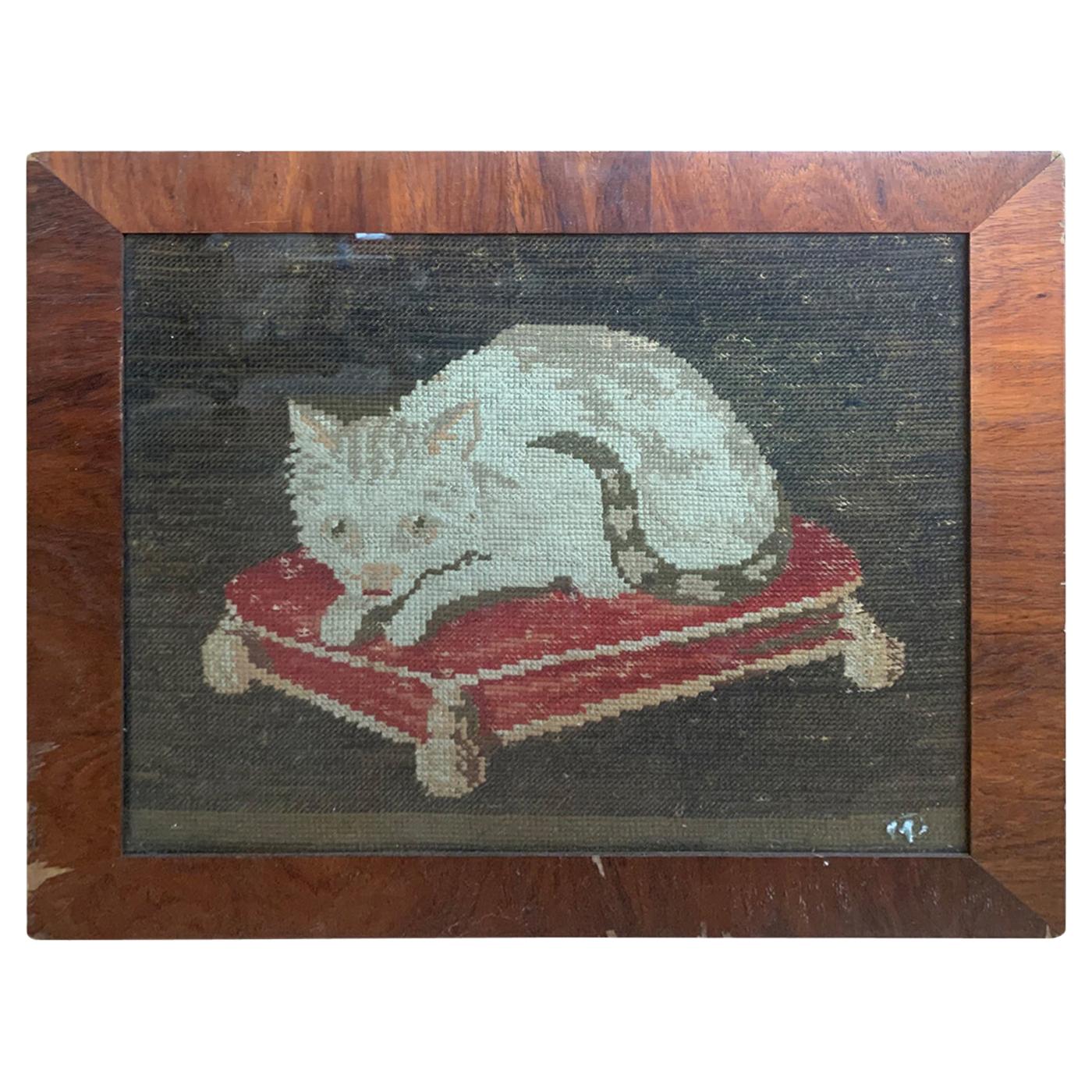 19th Century Needlework Cat in Burled Wood Frame
