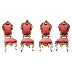 19th Century Neo-Baroque Period Group of Four Chairs Gilded Wood and Red Fabric
