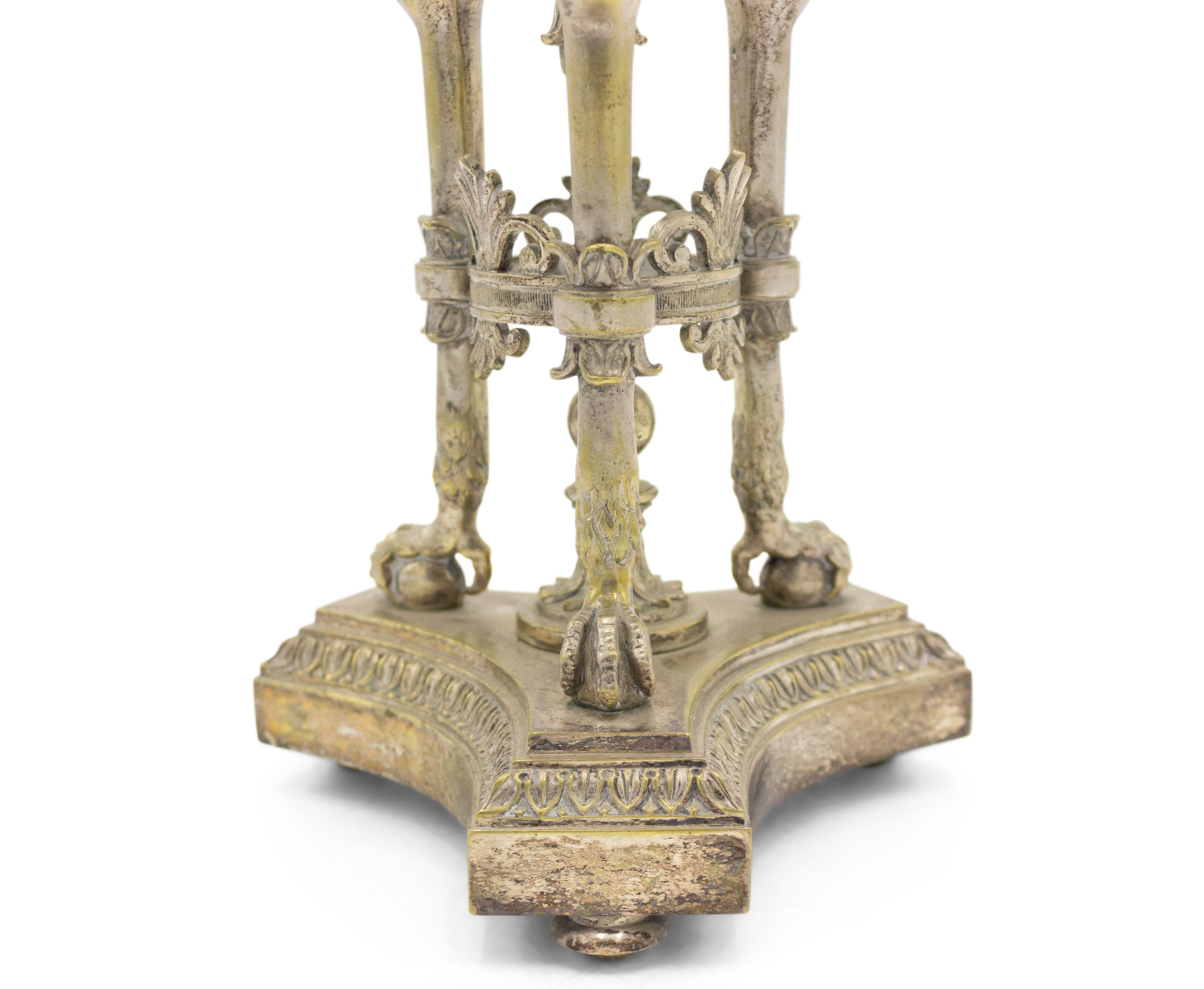 Russian neo-Classic-style (19th Century) silver plated 3 arm candelabra centerpiece with crystal bowl and eagle mascots.
 