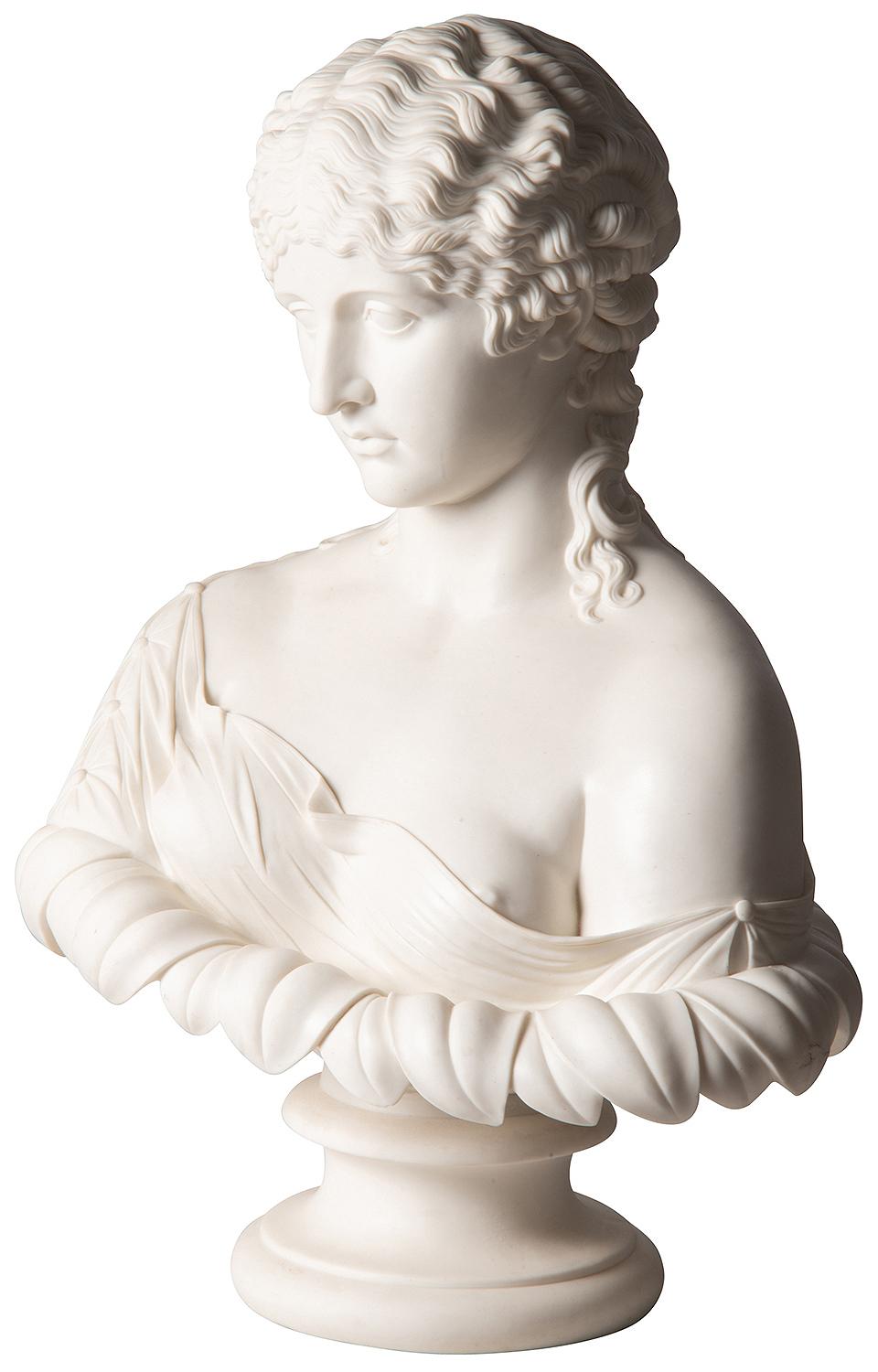 A beautiful 19th century French neoclassical Parian bust of a female, semi clad and raised on a socle base.