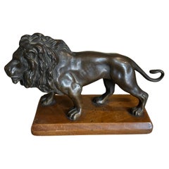 19th Century Neo Classical Italian Bronze Lion on a Wood Base