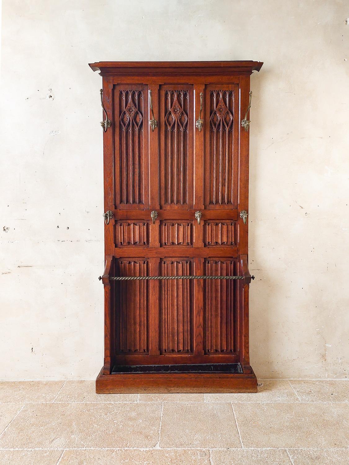 19th Century Neo-Gothic French Carved Oak Coat Rack with Umbrella Stand  5