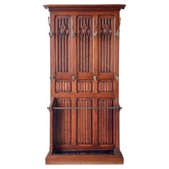 19th Century Neo-Gothic French Carved Oak Coat Rack with Umbrella Stand 