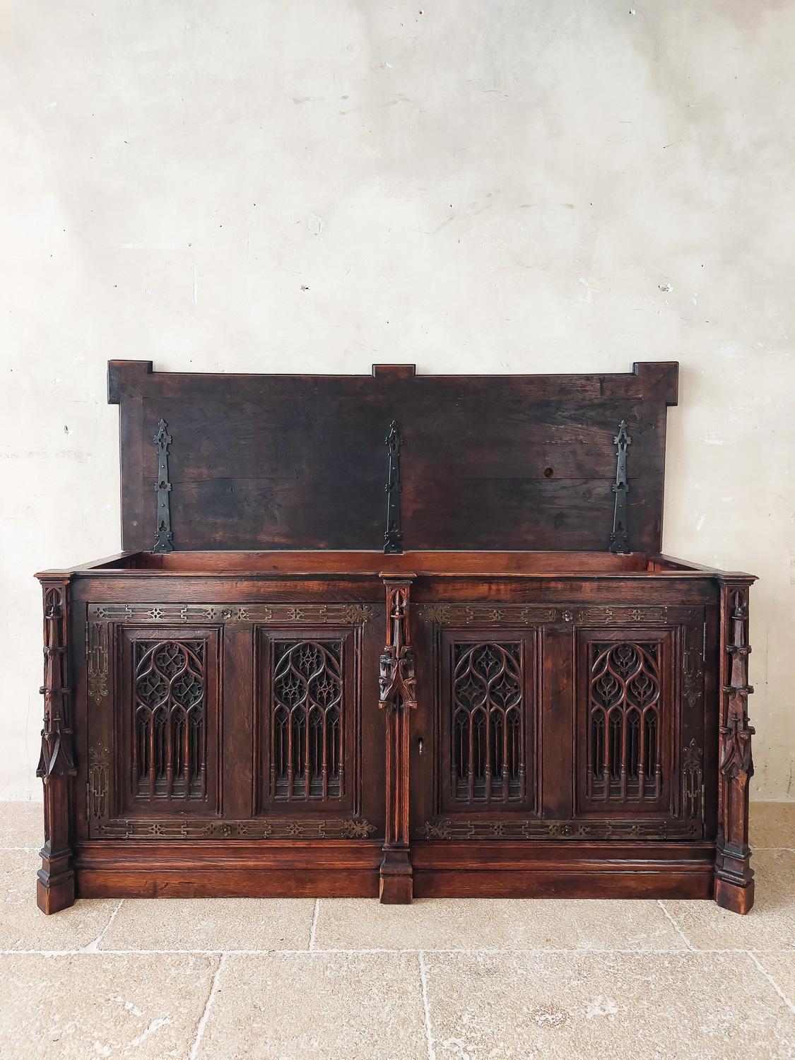 19th Century Neo-Gothic French Hand Carved Oak Chest or Cabinet 1