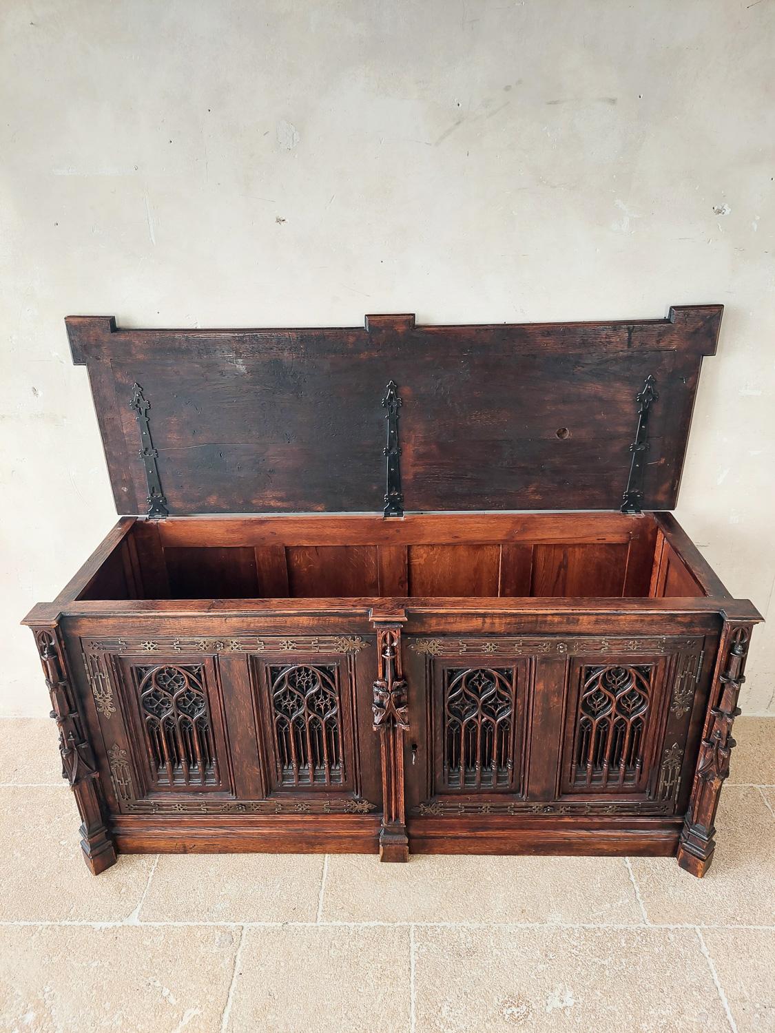 19th Century Neo-Gothic French Hand Carved Oak Chest or Cabinet 2