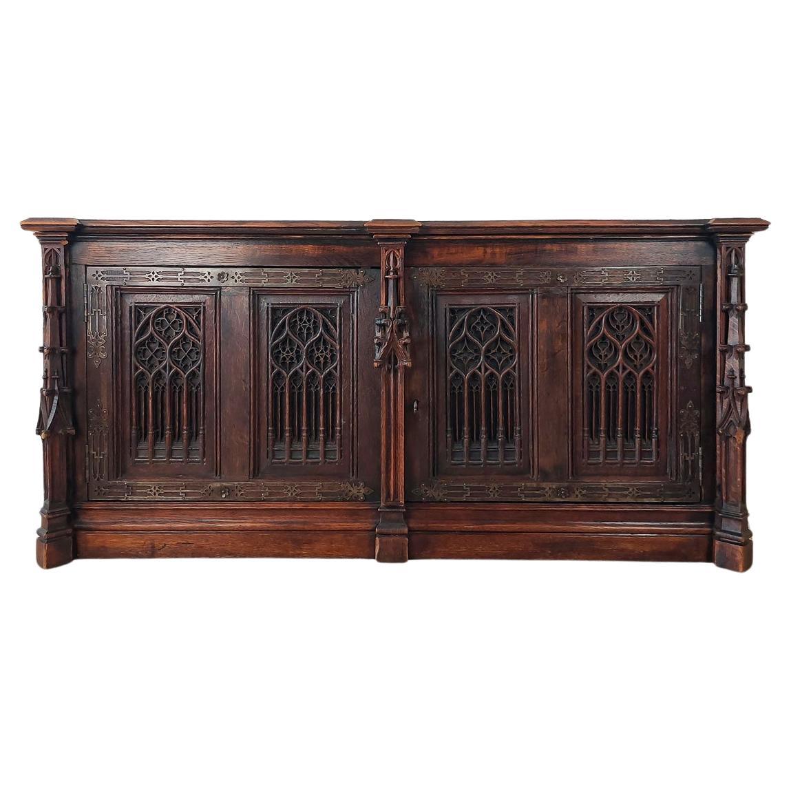 19th Century Neo-Gothic French Hand Carved Oak Chest or Cabinet