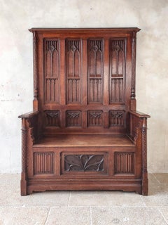 19th Century Neo-Gothic French Hand Carved Oak Hall Bench