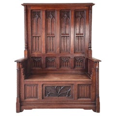 19th Century Neo-Gothic French Hand Carved Oak Hall Bench