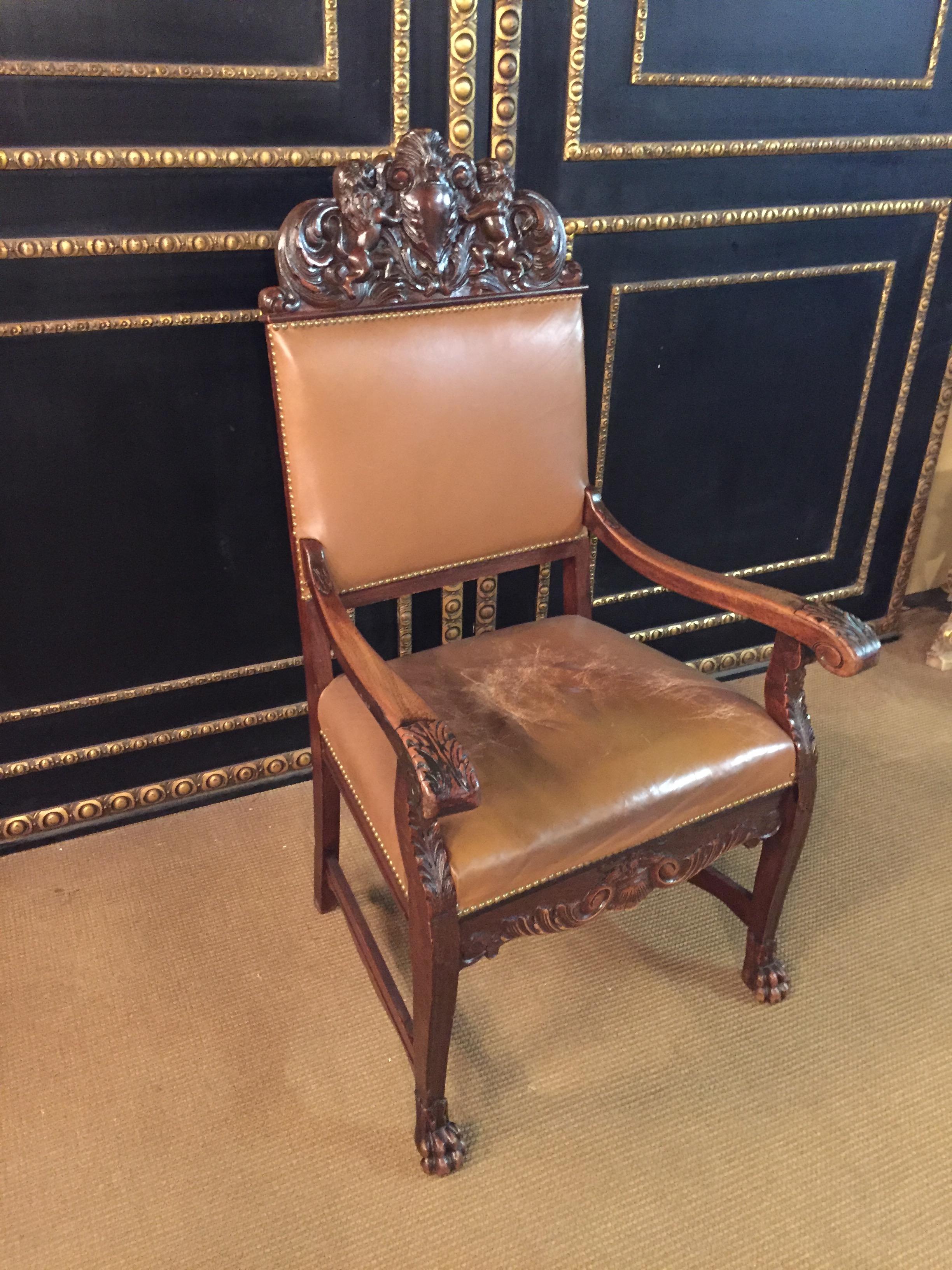 19th Century antique Neo-Renaissance Oak Armchair oak wood veneer hand carved 13