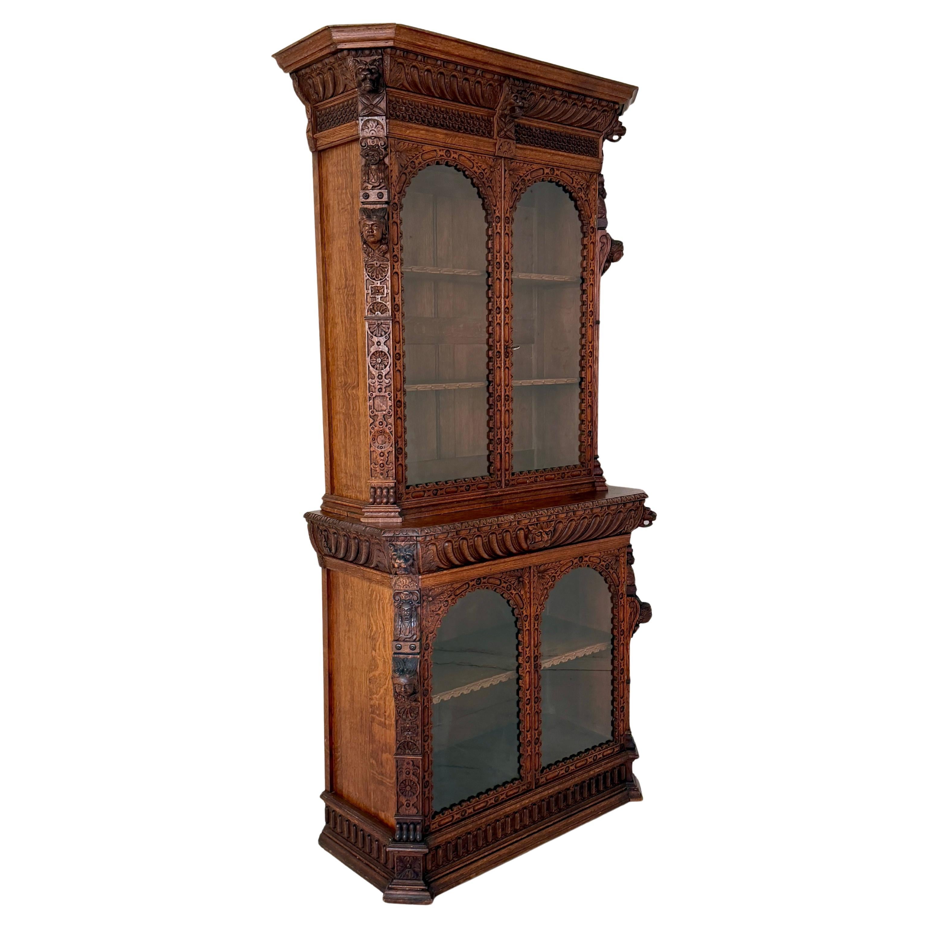 19th Century Neo-Renaissance Oak Bookcase with Figural Carvings, Circa 1870