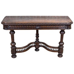 19th-Century Neo-Renaissance Oak Wood and Veneer Console Table in Dark Brown