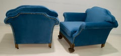 Pair of 19th Century Neo Renaissance Oak and Blue Velvet Italian Armchairs