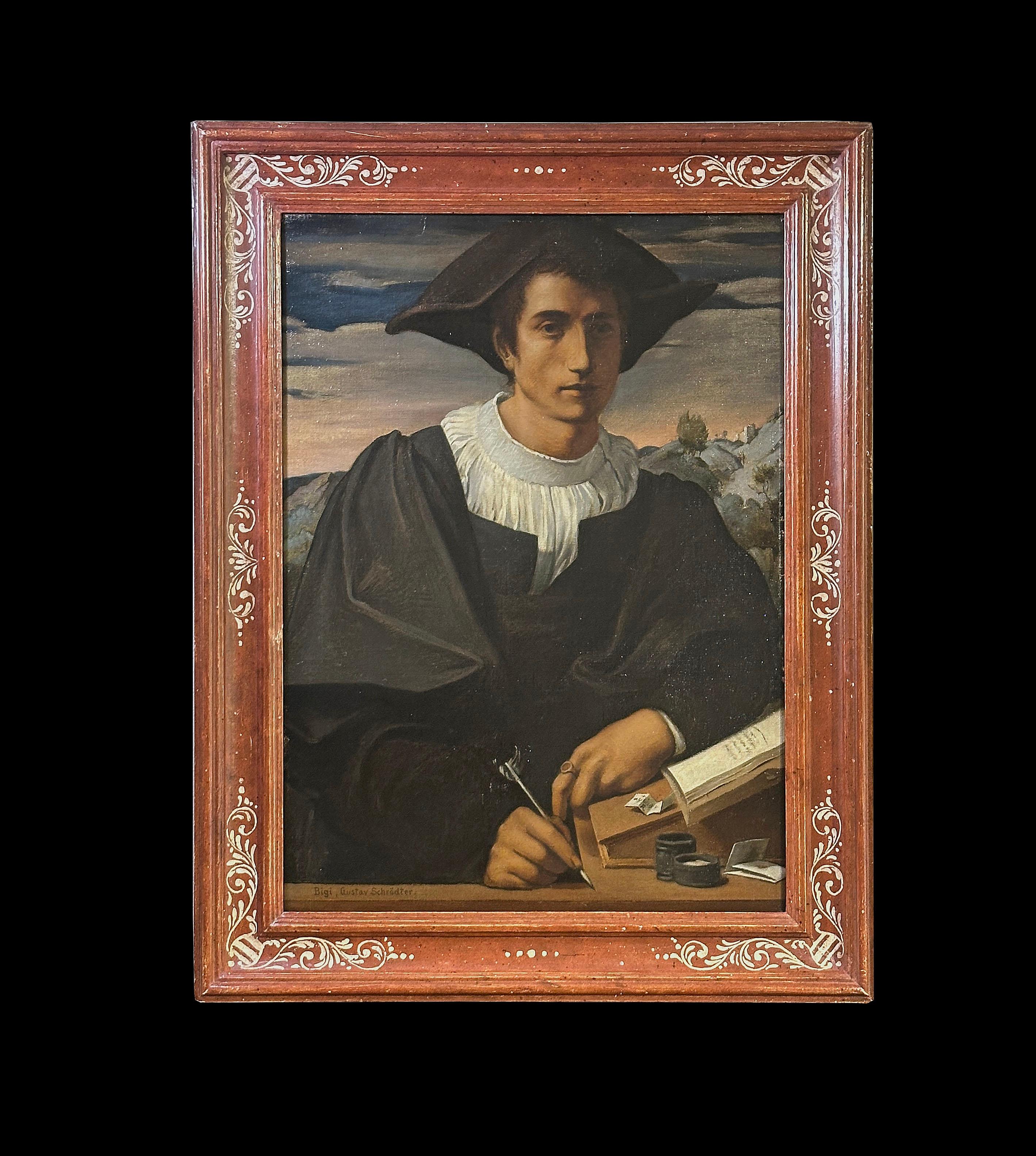 This splendid oil painting on canvas, in Neo-Renaissance style, depicts a young Florentine man from the Renaissance period. Its workmanship closely resembles the works of Franciabigio (Francesco di Cristofano), a well-known Renaissance painter. The