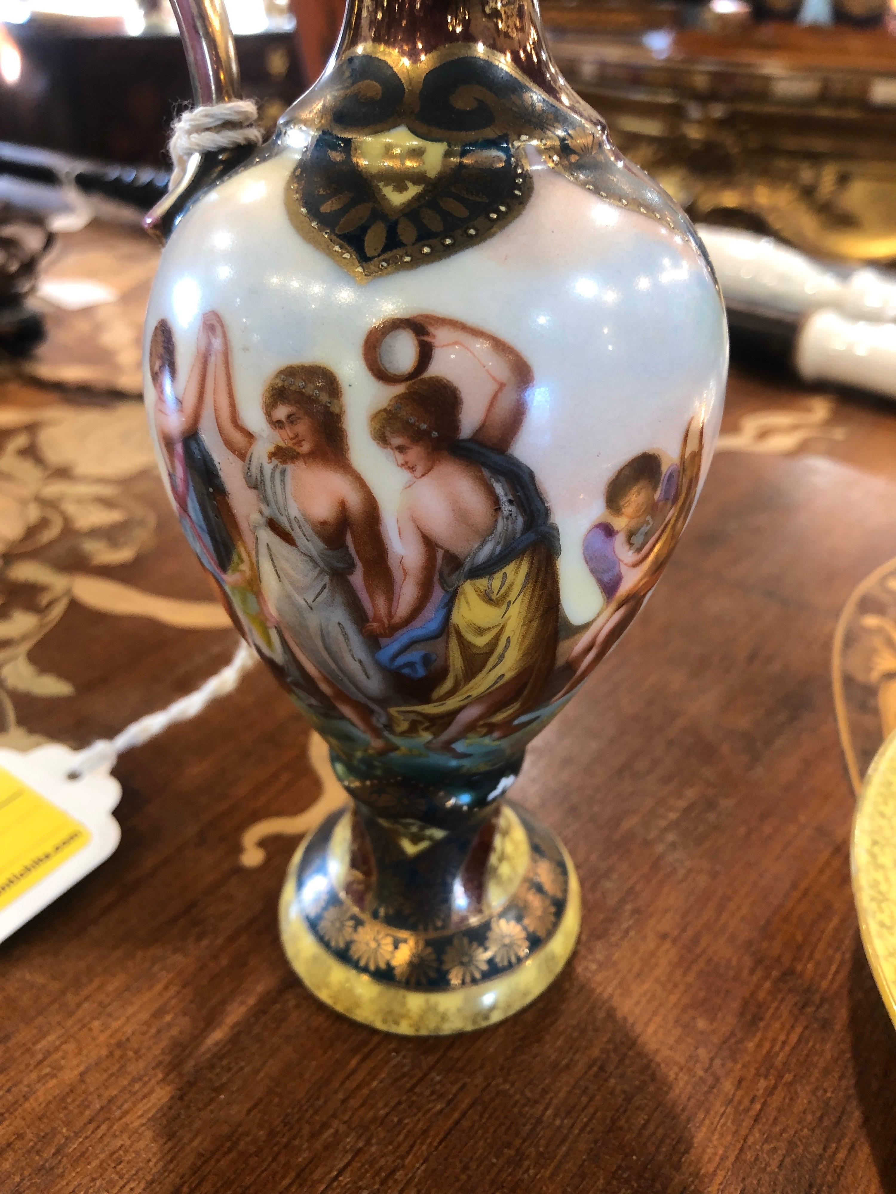 Hand-Painted 19th Century Neoclassical Austria Vienna Porcelain Vases with Dish, 1880s For Sale