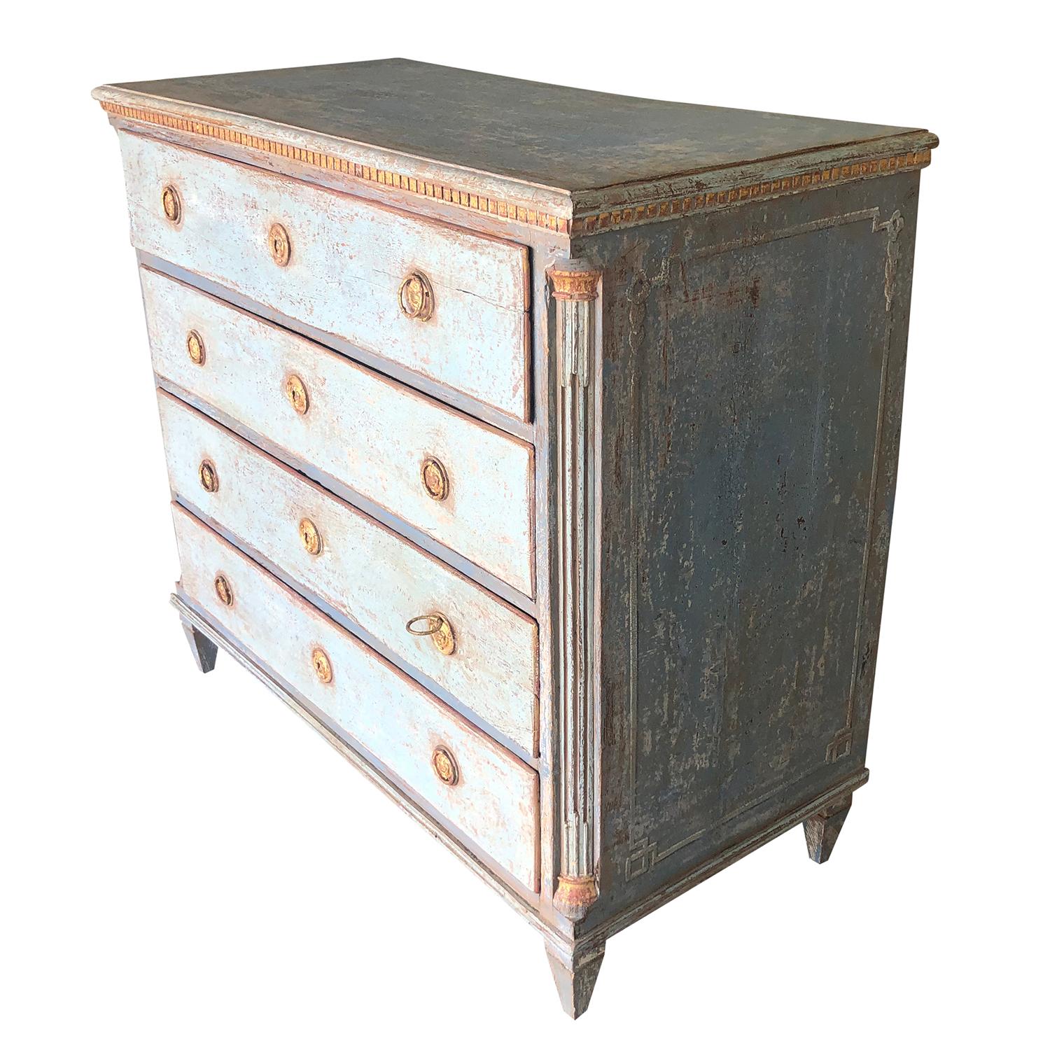 Hand-Carved 19th Century Blue-Grey Swedish Gustavian Chest, Neoclassical Pinewood Commode