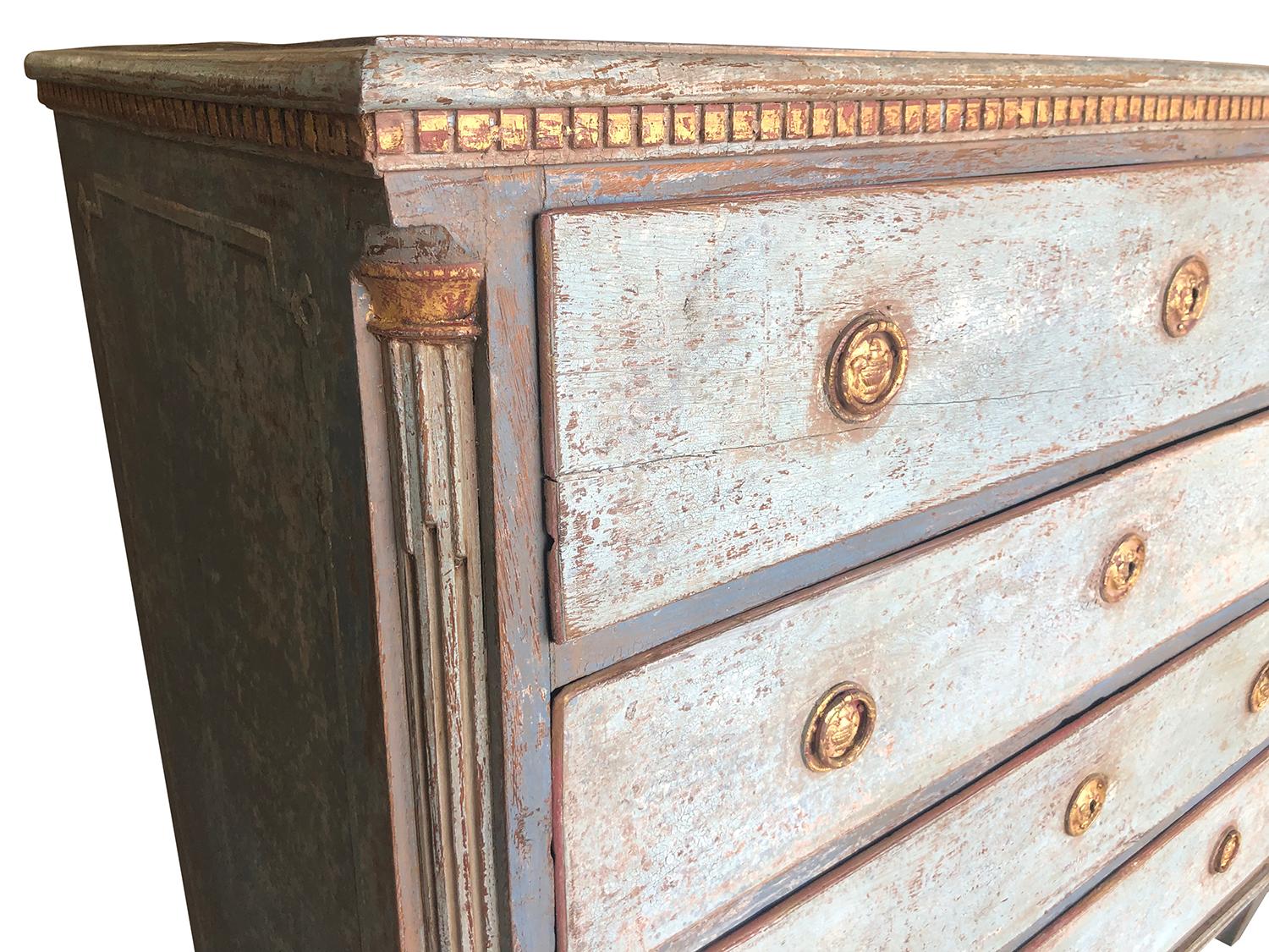 19th Century Blue-Grey Swedish Gustavian Chest, Neoclassical Pinewood Commode In Good Condition In West Palm Beach, FL