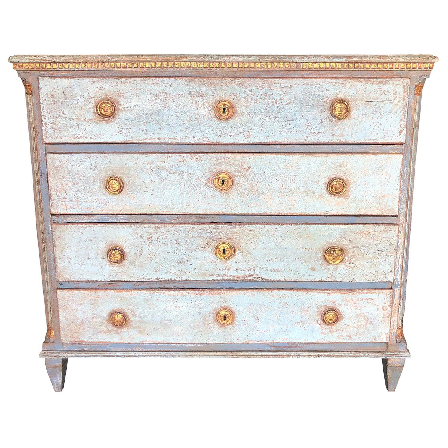 19th Century Blue-Grey Swedish Gustavian Chest, Neoclassical Pinewood Commode