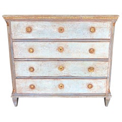 Antique 19th Century Blue-Grey Swedish Gustavian Chest, Neoclassical Pinewood Commode