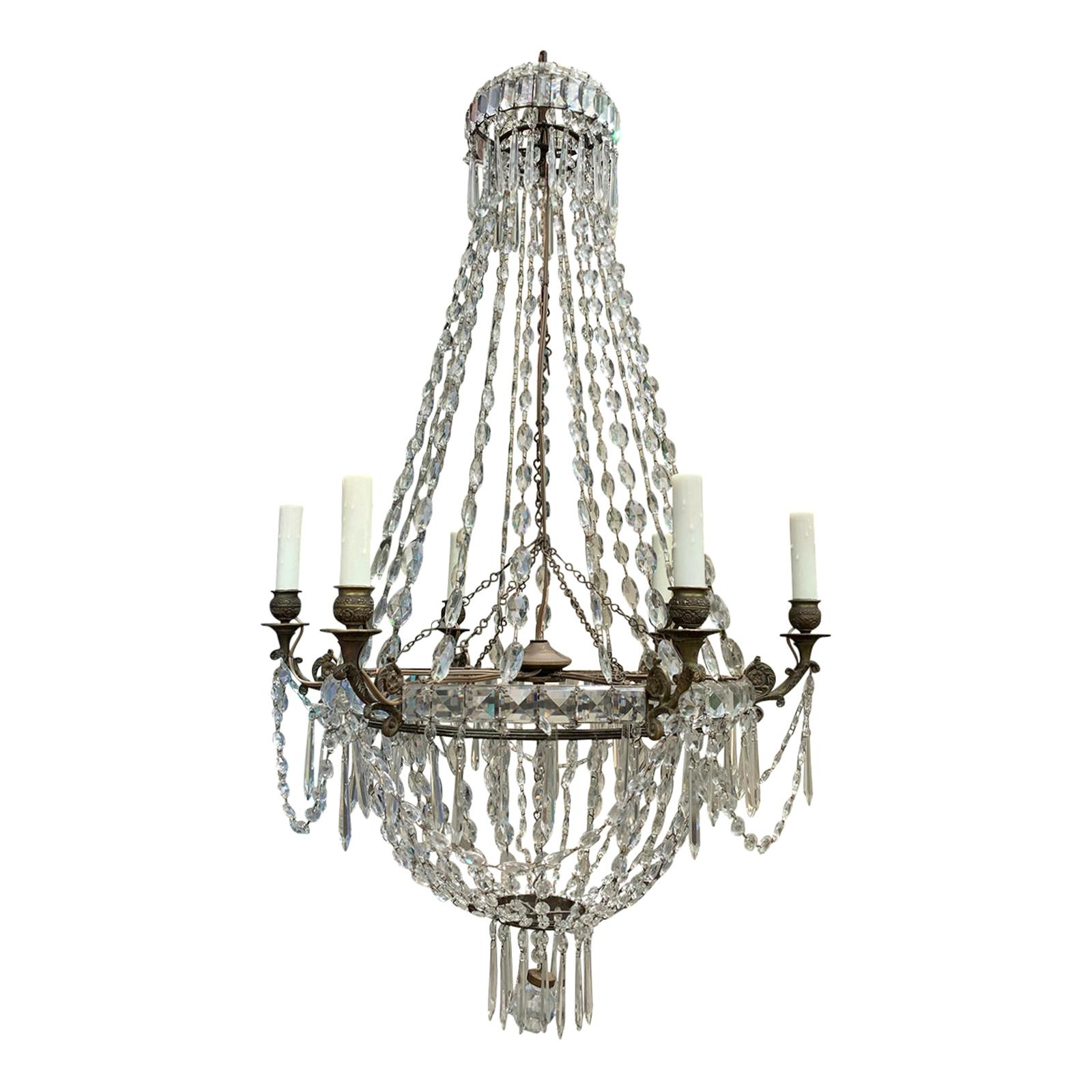 19th Century Neoclassical Bronze and Crystal Six-Arm Chandelier